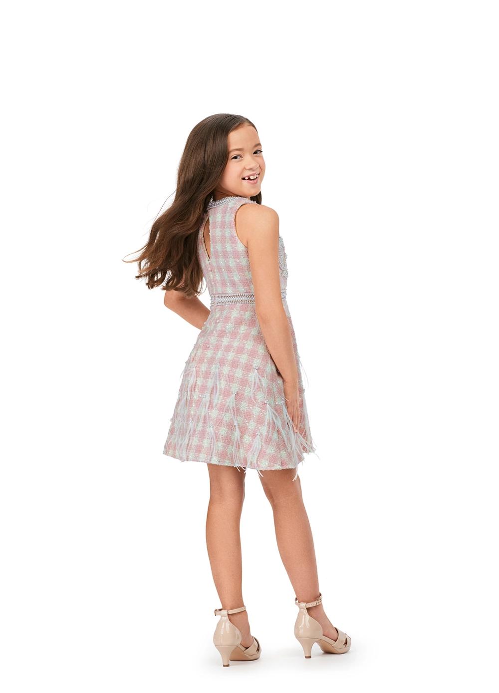 Back. ASHLEYlauren Kids 8215 Pink Tweed Cocktail Dress with Feathers and Beaded Details