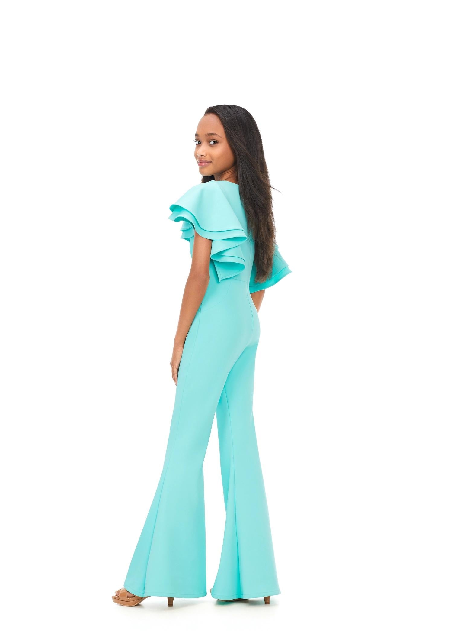 Back. Aqua. ASHLEYlauren Kids 8156 versatile scuba jumpsuit featuring a classic crew neckline, playful ruffle sleeves, and flare bottom pants for a fun and stylish look.
