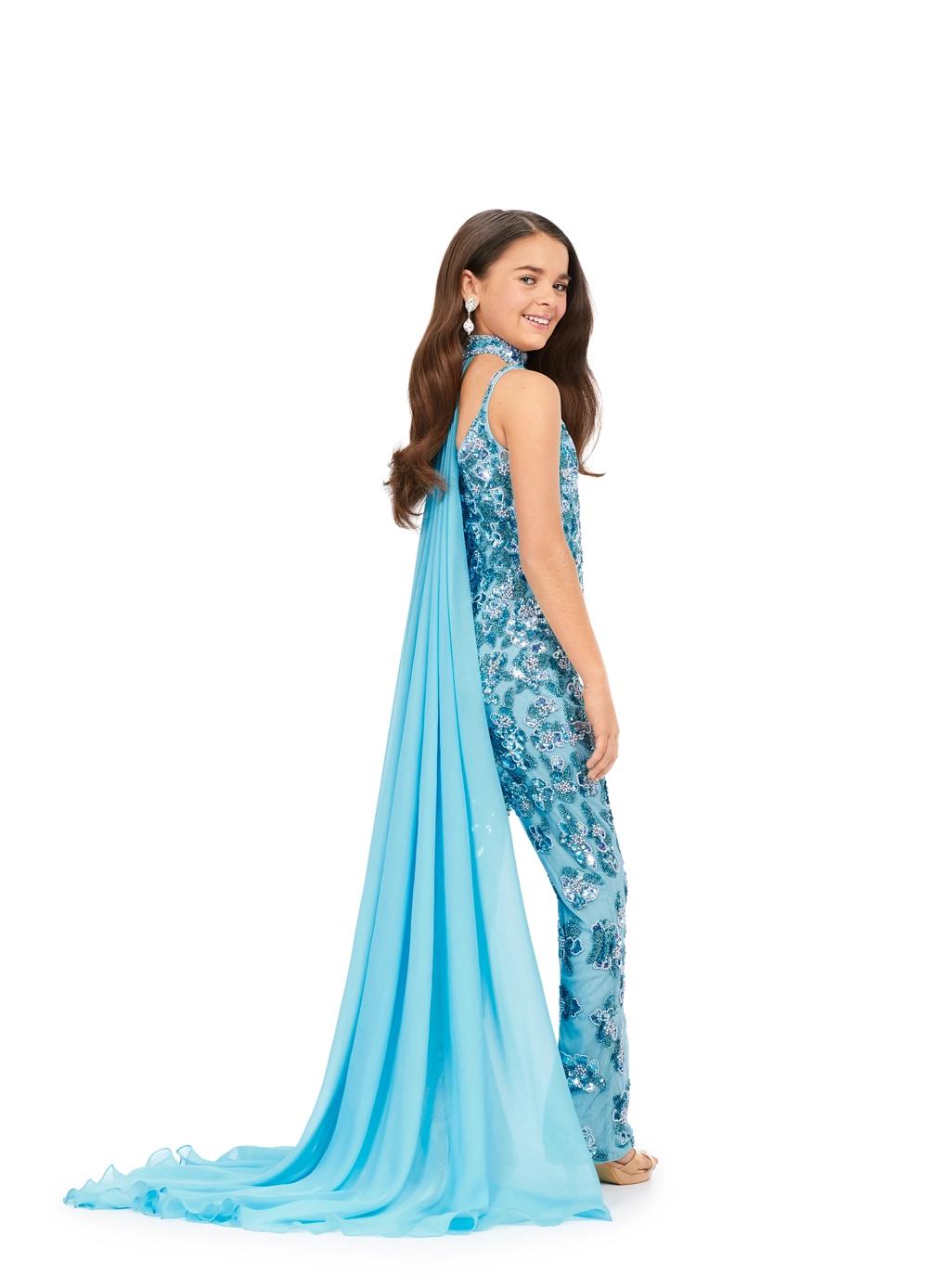 Back. Aqua ASHLEYlauren Kids 8190 Fully Beaded Jumpsuit with Matching Choker and Attached Cape