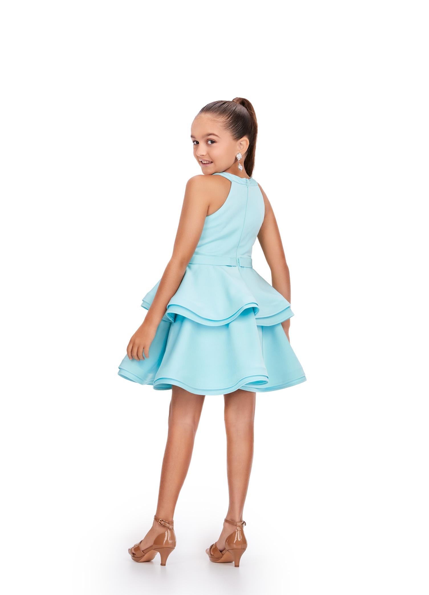 Back. Aqua ASHLEYlauren Kids 8221 Crepe Cocktail Dress with Crew Neckline and Tiered Ruffle Skirt