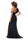 ASHLEYlauren 11290 | Black bold one shoulder gown featuring a feather detailed neckline and cascading heat set stones that enhance the silhouette. The left leg slit adds drama and fluid movement.