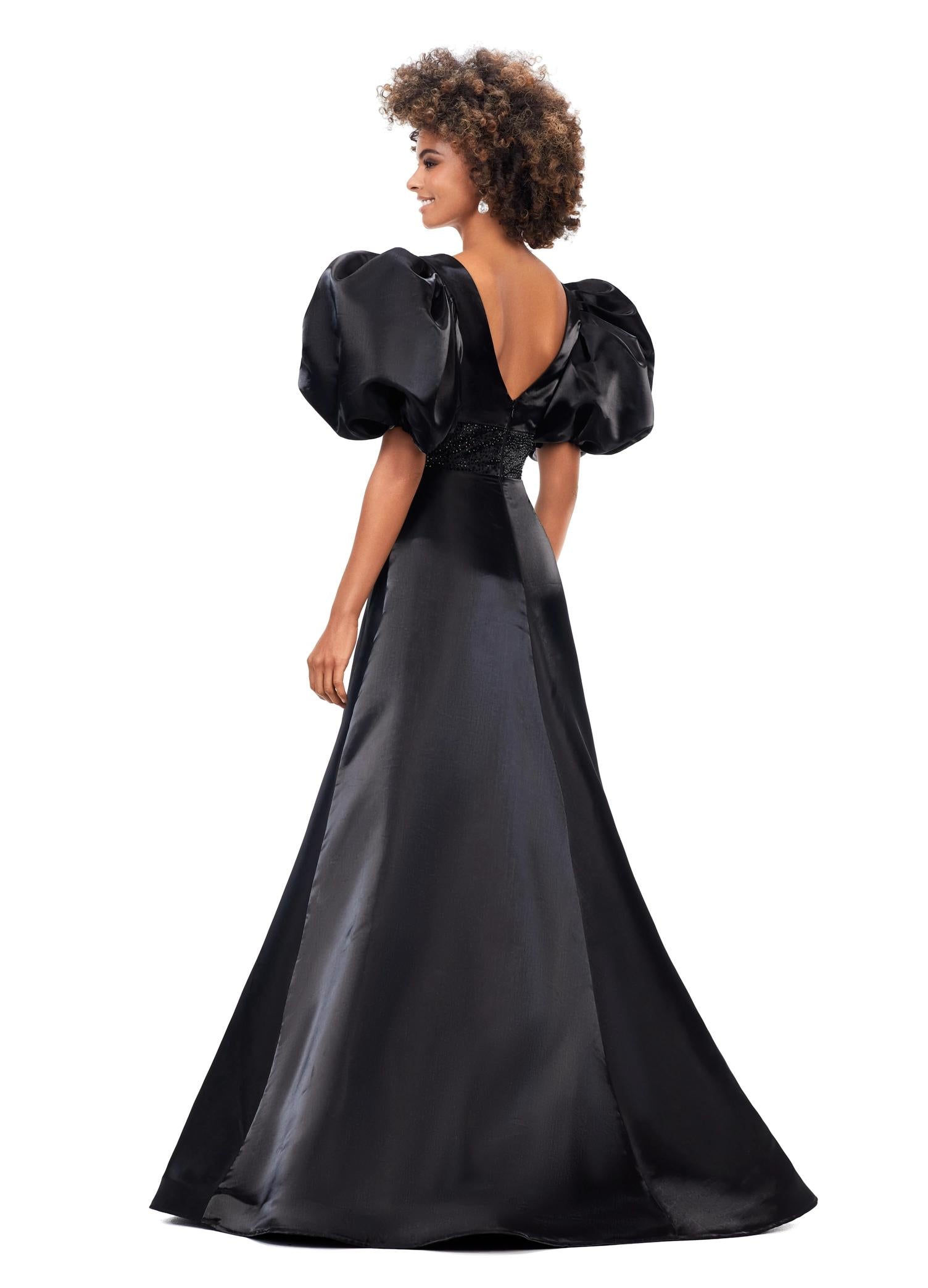 ASHLEYlauren 11379 | Black Elegant Shimmer Satin A-Line Gown with V-Neckline, V-Back, Oversized Puff Sleeves, and Heat Set Detailed Waistband