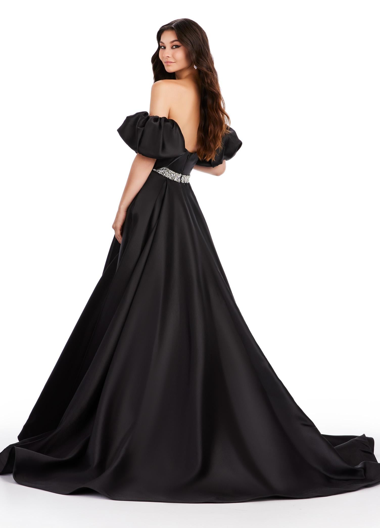 Back. Black ASHLEYlauren 11543 classic Mikado ball gown featuring a strapless neckline, detachable off shoulder puff sleeves, beaded waistband, and a full ball gown skirt for an elegant and versatile look.