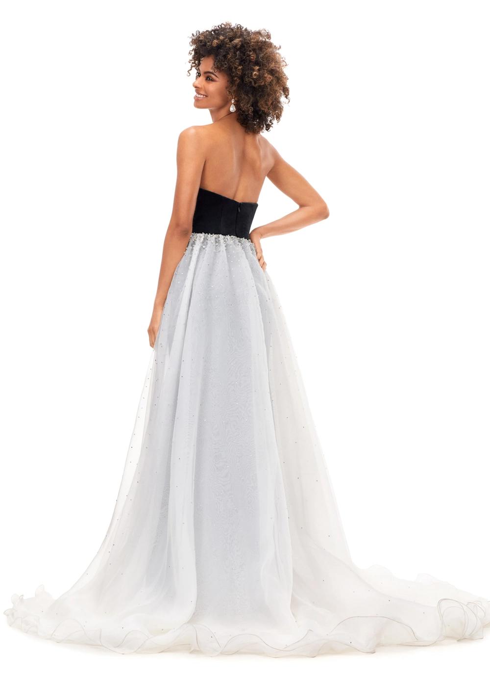 Back. Black/Ivory ASHLEYlauren 11311 stretch velvet gown featuring a strapless sweetheart bustier, crystal-embellished organza overskirt, and cascading crystal details for an elegant and luxurious look.