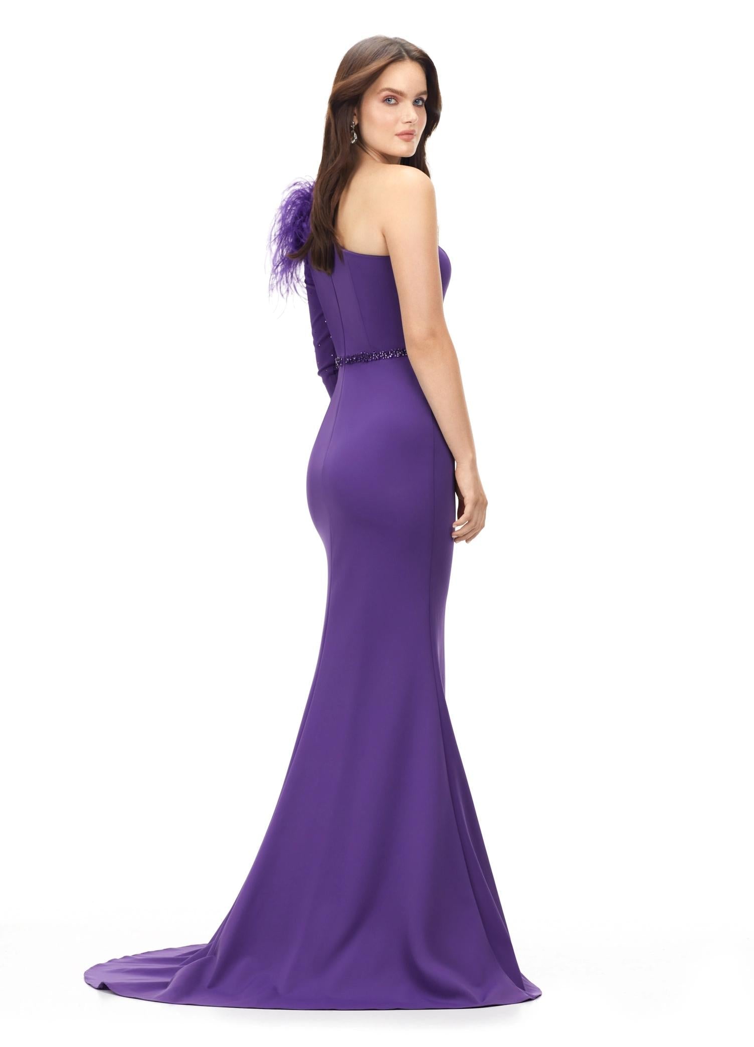 Back. Black Orchid ASHLEYlauren 11131 One-Shoulder Scuba Gown with Feather Details, Heat-Set Stones, Crystal Belt, and Elegant Train