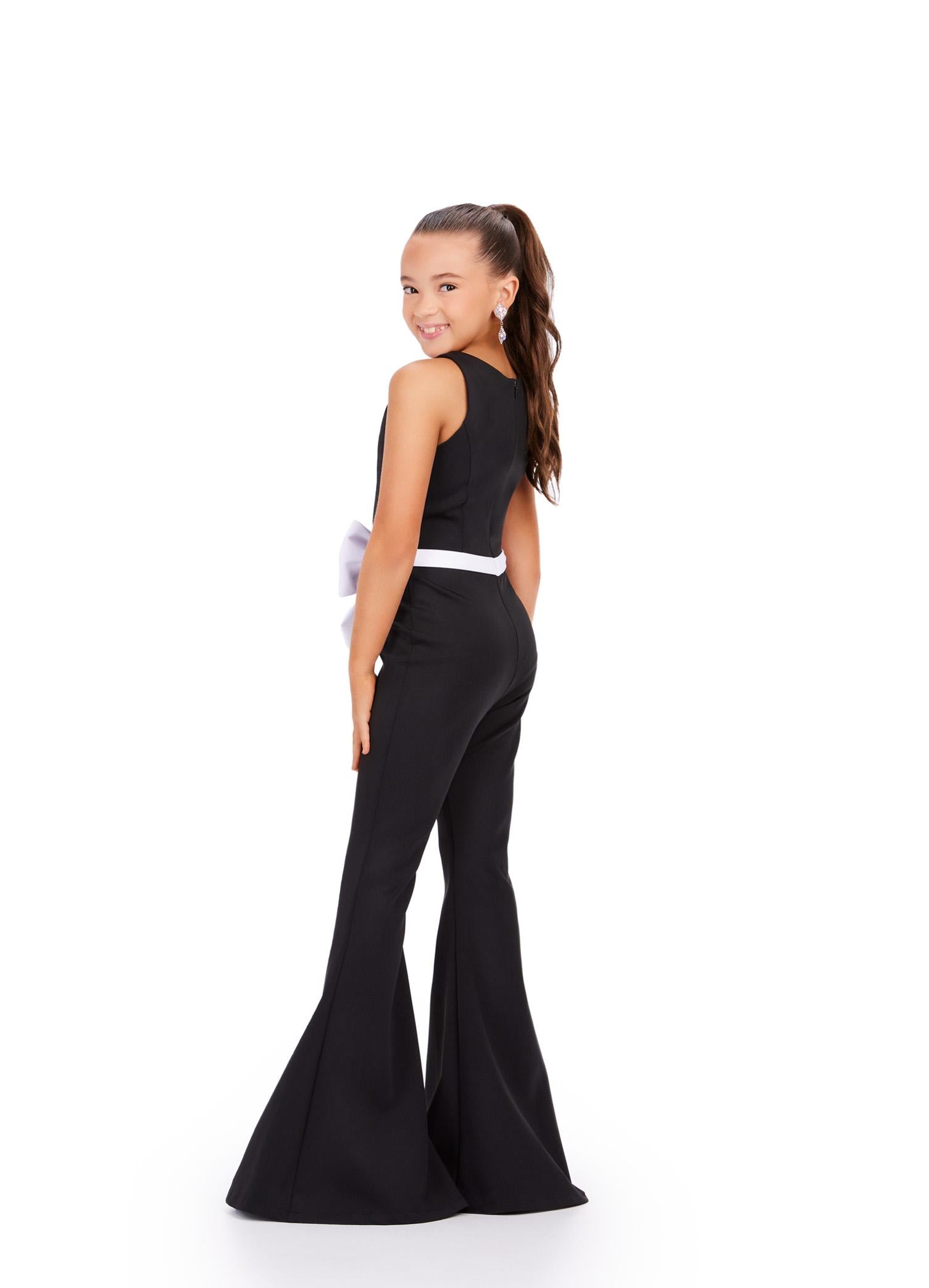 Back. Black/White ASHLEYlauren Kids 8201 Scuba Jumpsuit with Oversized Front Bow and Flare Pants
