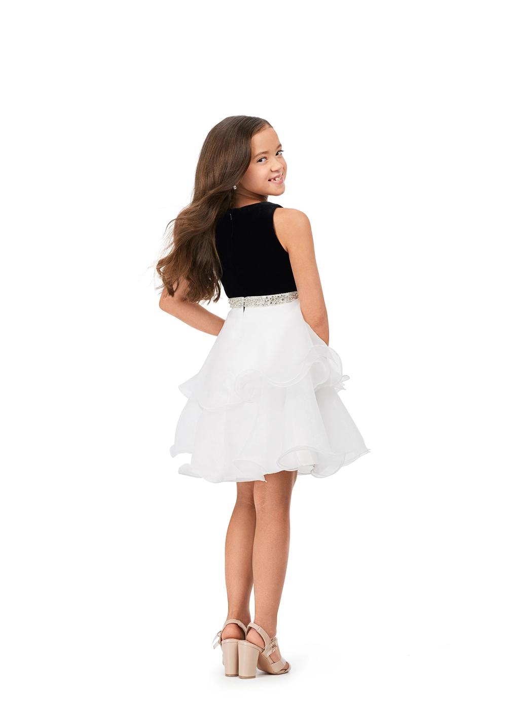 Back. Black/White ASHLEYlauren Kids 8216 Velvet and Organza Cocktail Dress with Beaded Waistband