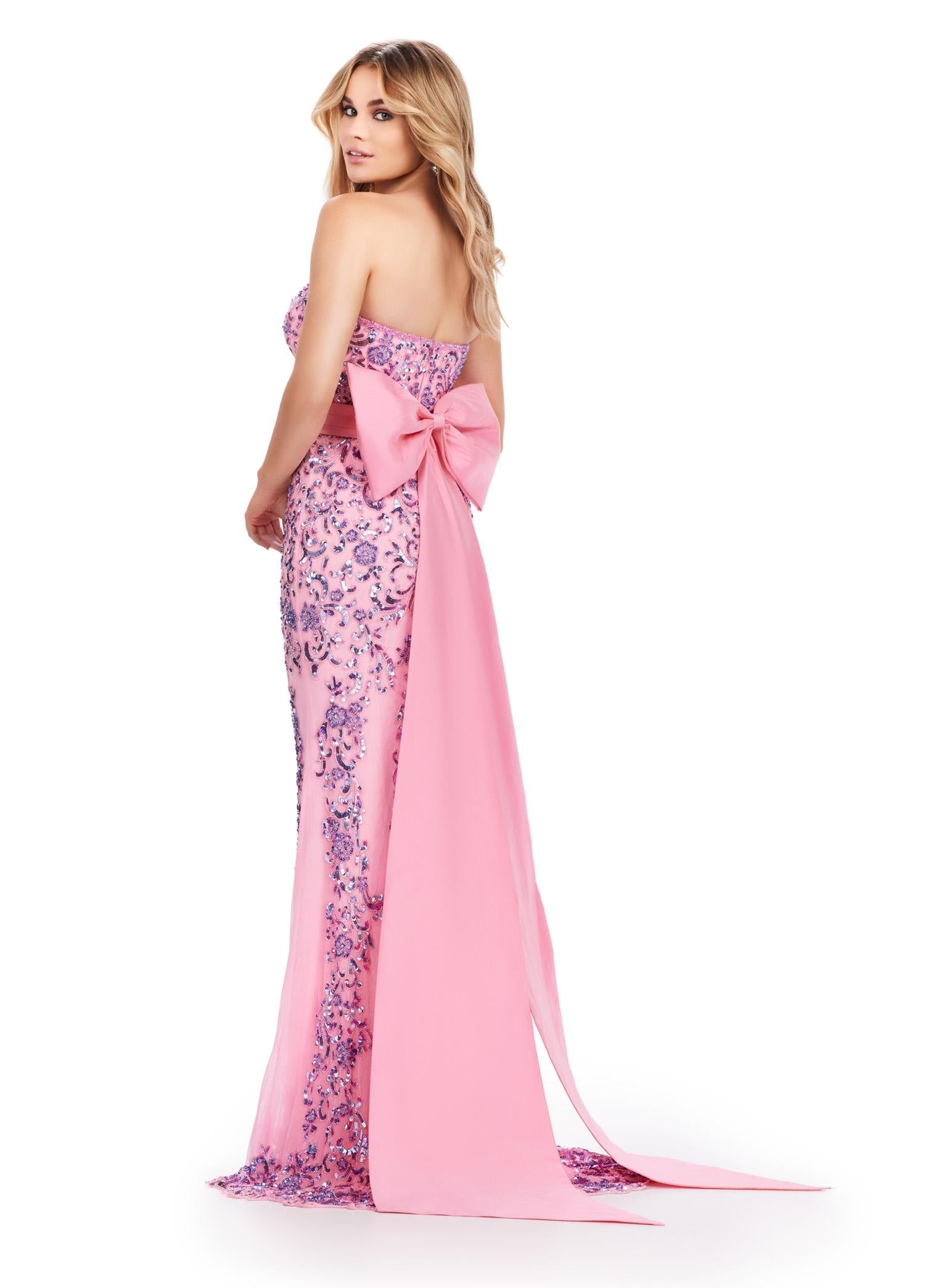 Back. Candy Pink ASHLEYlauren 11583 Strapless Fully Beaded Gown with Intricate Beaded Design, Detachable Taffeta Belt, and Oversized Bow