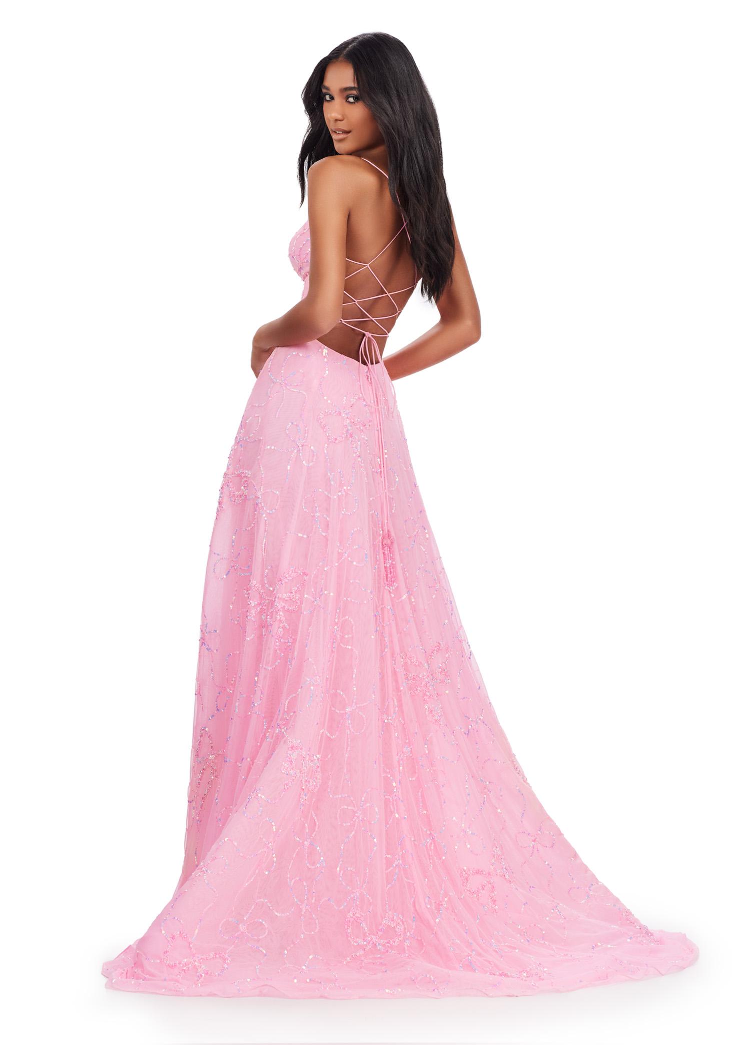 Back. Candy Pink ASHLEYlauren 11658 Fully Beaded A-Line Tulle Gown with Sweetheart Neckline, Intricate Bow Accents, and Lace Up Back