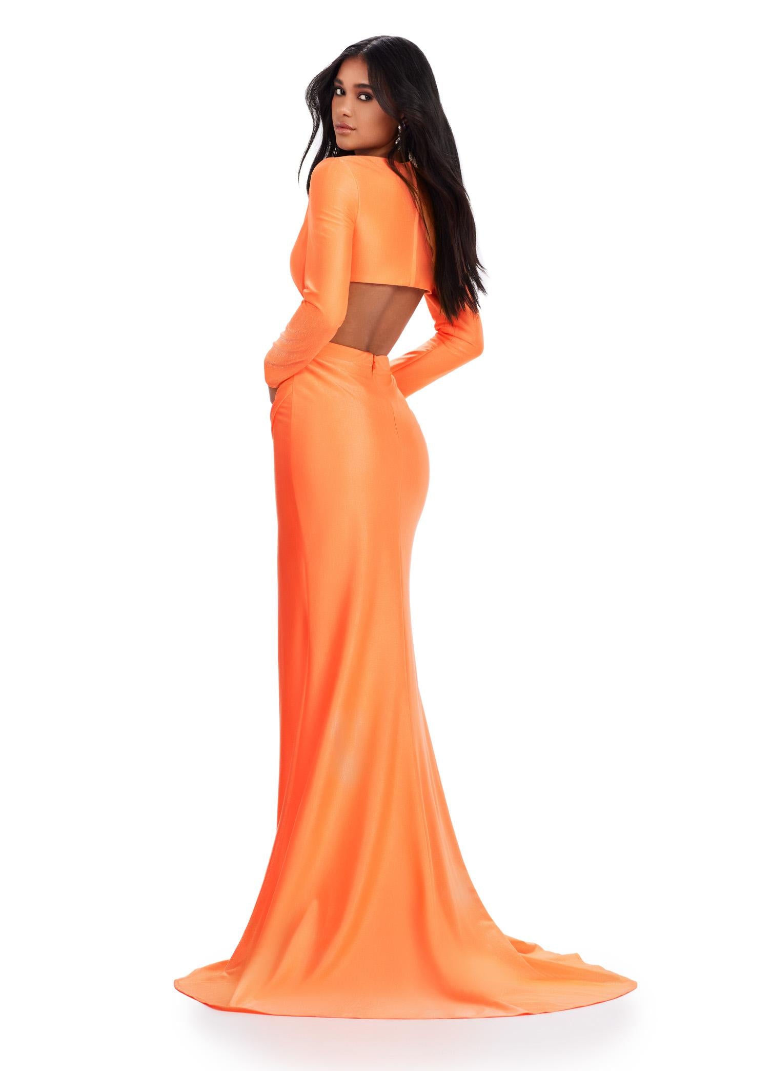 Back. Coral ASHLEYlauren 11607 Unique Jersey Gown with V-Neckline, Long Sleeves, Crisscross Cut Out Wrap Bustier, Draped Fitted Skirt, and Left Leg Slit