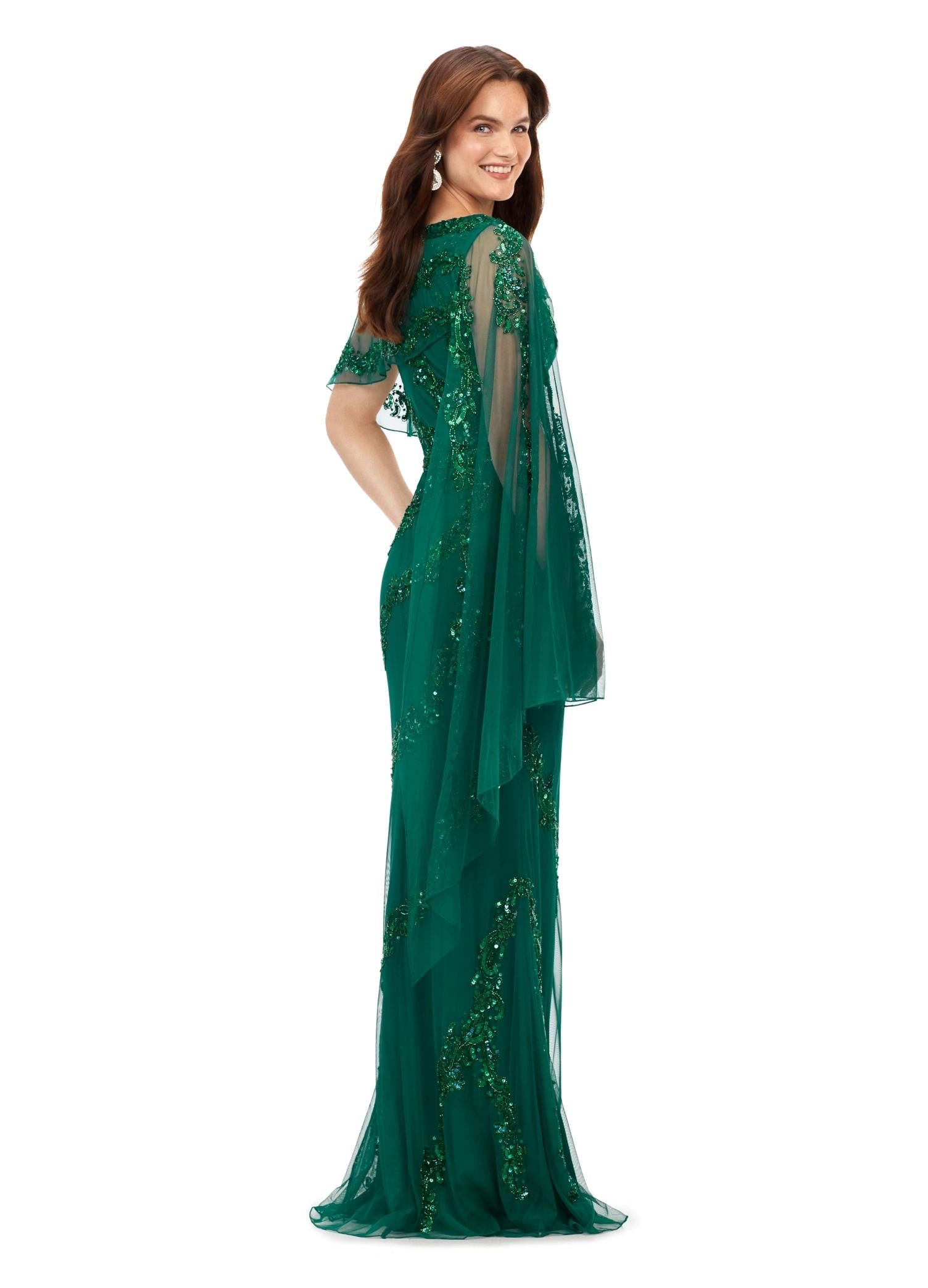 Back. Dark Emerald ASHLEYlauren 11213 Elegant Hand Beaded Gown with Crew Neckline, Intricate Bead Motif, Asymmetrical Overlay Detail, and High Back