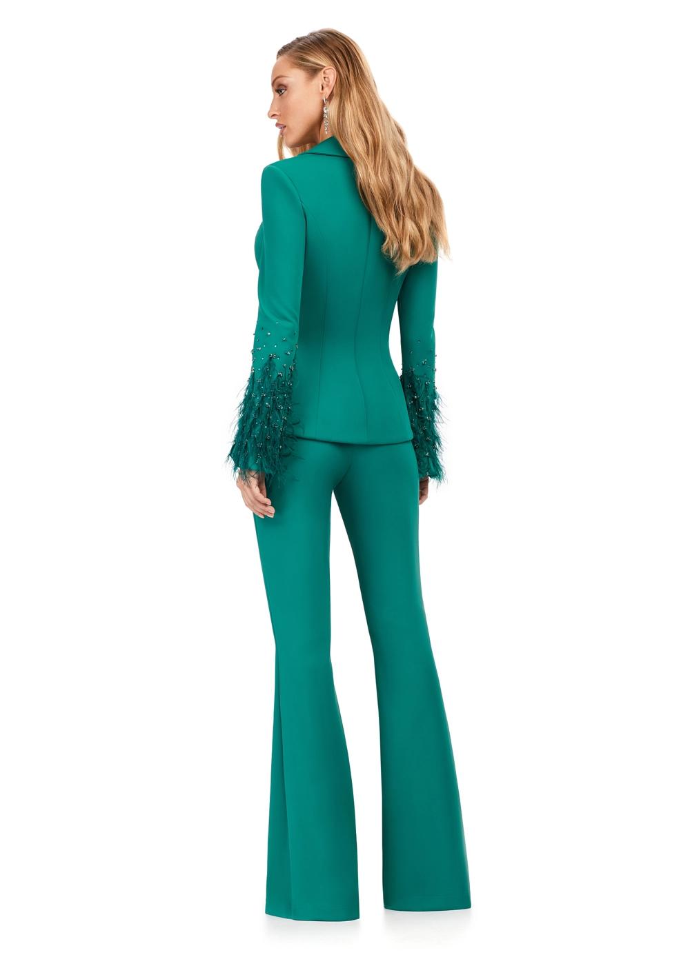 Back. Dark Emerald ASHLEYlauren 11315 two-piece scuba suit featuring a V-neckline, dramatic sleeve details adorned with feathers and crystals, and flared pants for a bold and sophisticated look.