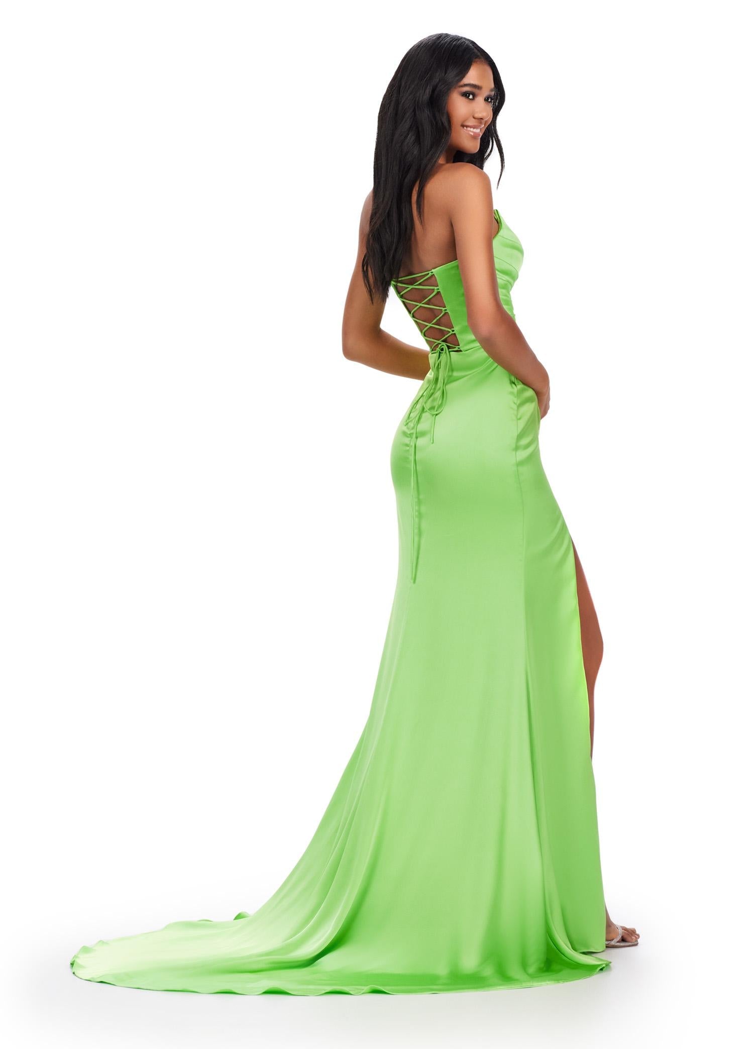 Back. Electric Lime ASHLEYlauren 11605 Timeless Strapless Satin Gown with Sweetheart Neckline, Ruched Detailing, Lace Up Back, and Right Leg Slit