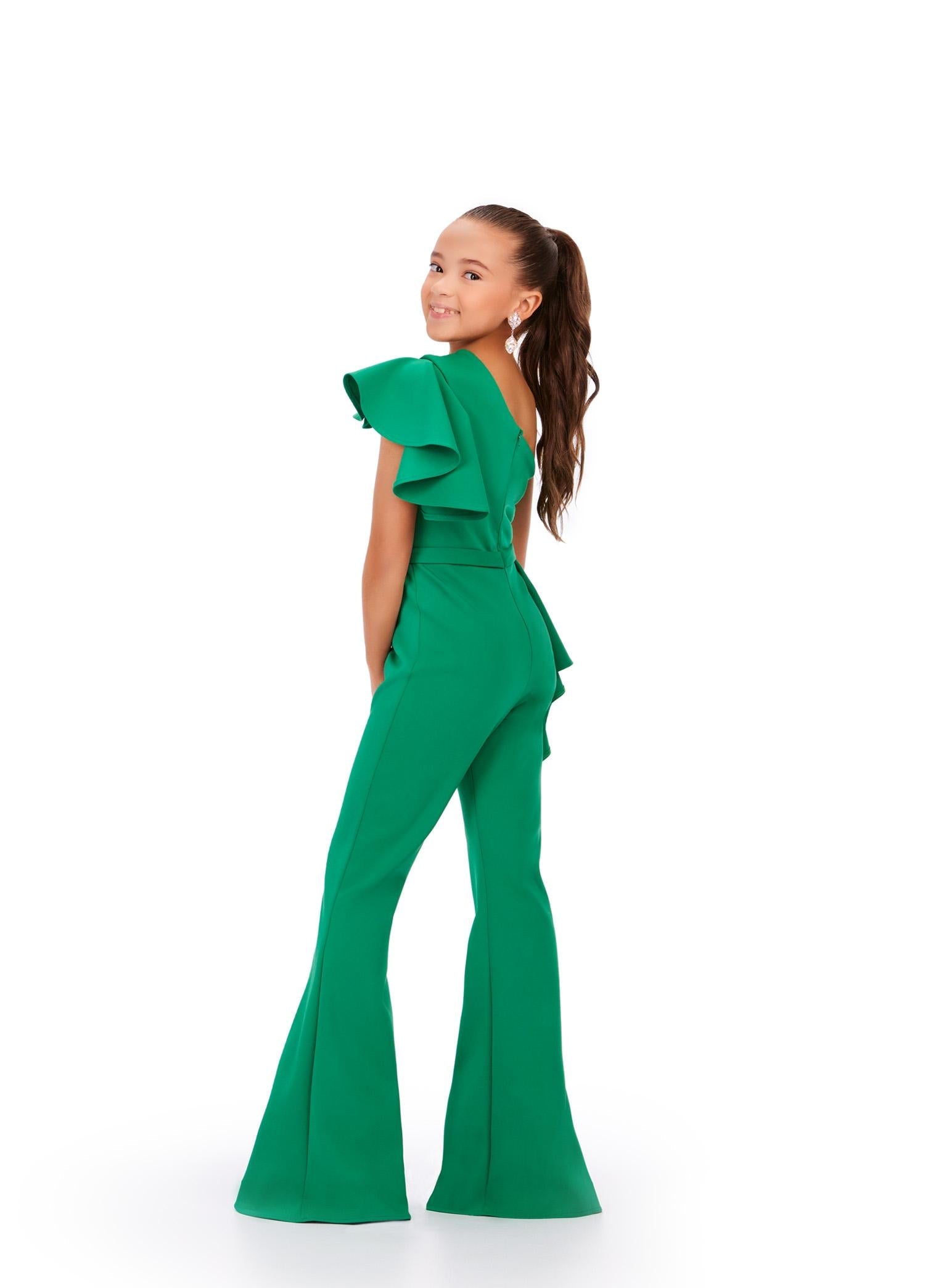 Back. Emerald ASHLEYlauren Kids 8202 One Shoulder Scuba Jumpsuit with Ruffle Accents