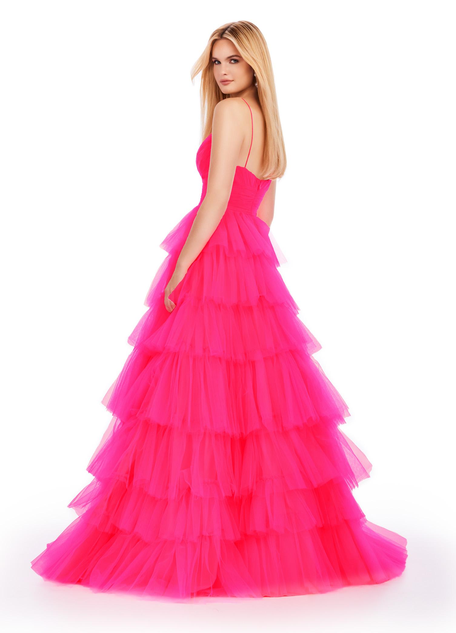 Back. Front. Electric Coral ASHLEYlauren 11622 Tulle Ball Gown with Sweetheart Neckline, Ruched Bustier, Spaghetti Straps, and Tiered Tulle Skirt