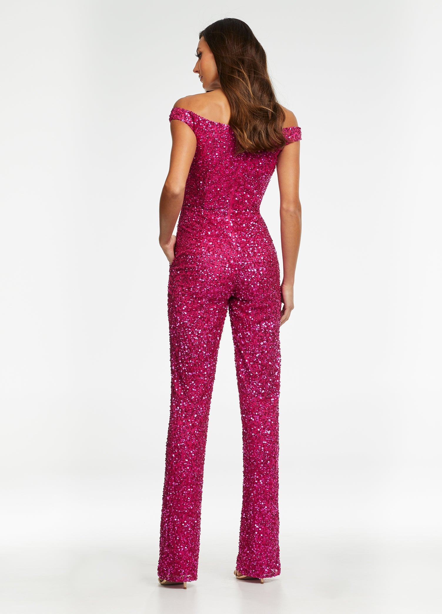Back. Fuchsia ASHLEYlauren 11175 Fully Hand-Beaded Off-Shoulder Jumpsuit with V-Neckline and Straight Leg Pants