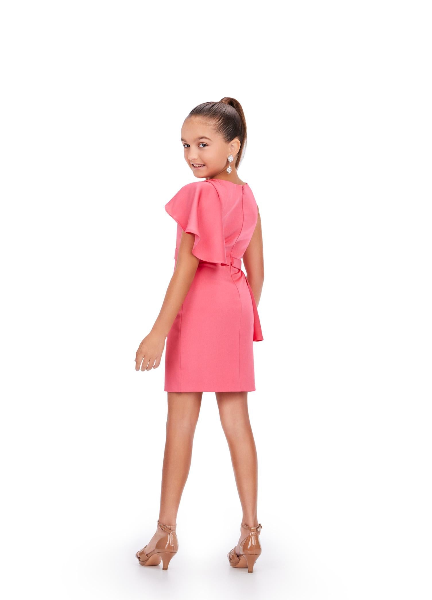 Back. Fuchsia ASHLEYlauren Kids 8222 Crepe Cocktail Dress with One Shoulder Ruffle Detail
