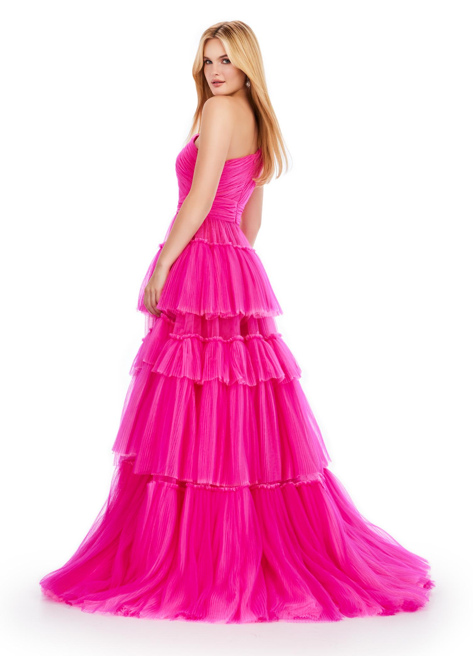 Back. Fuchsia/Hot Pink ASHLEYlauren 11619 One Shoulder Ball Gown with Ruched Bustier, Two-Tone Tiered Pleated Tulle Skirt, and Left Leg Slit
