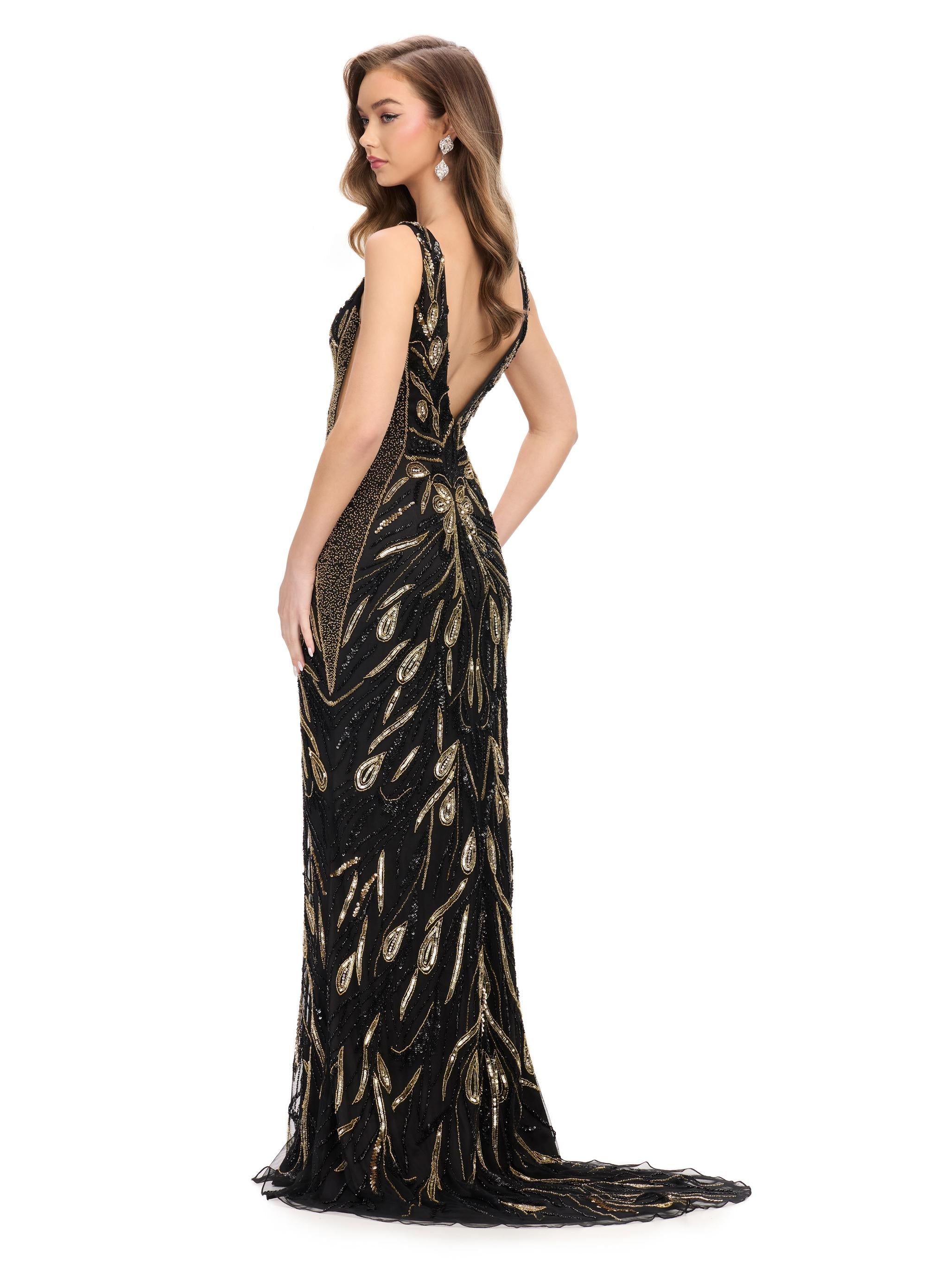 Back. Gold/Black ASHLEYlauren 11669 Fully Beaded Gown with Illusion V-Neckline, Sheer Side Cut Outs, Low V-Back, and Fitted Silhouette