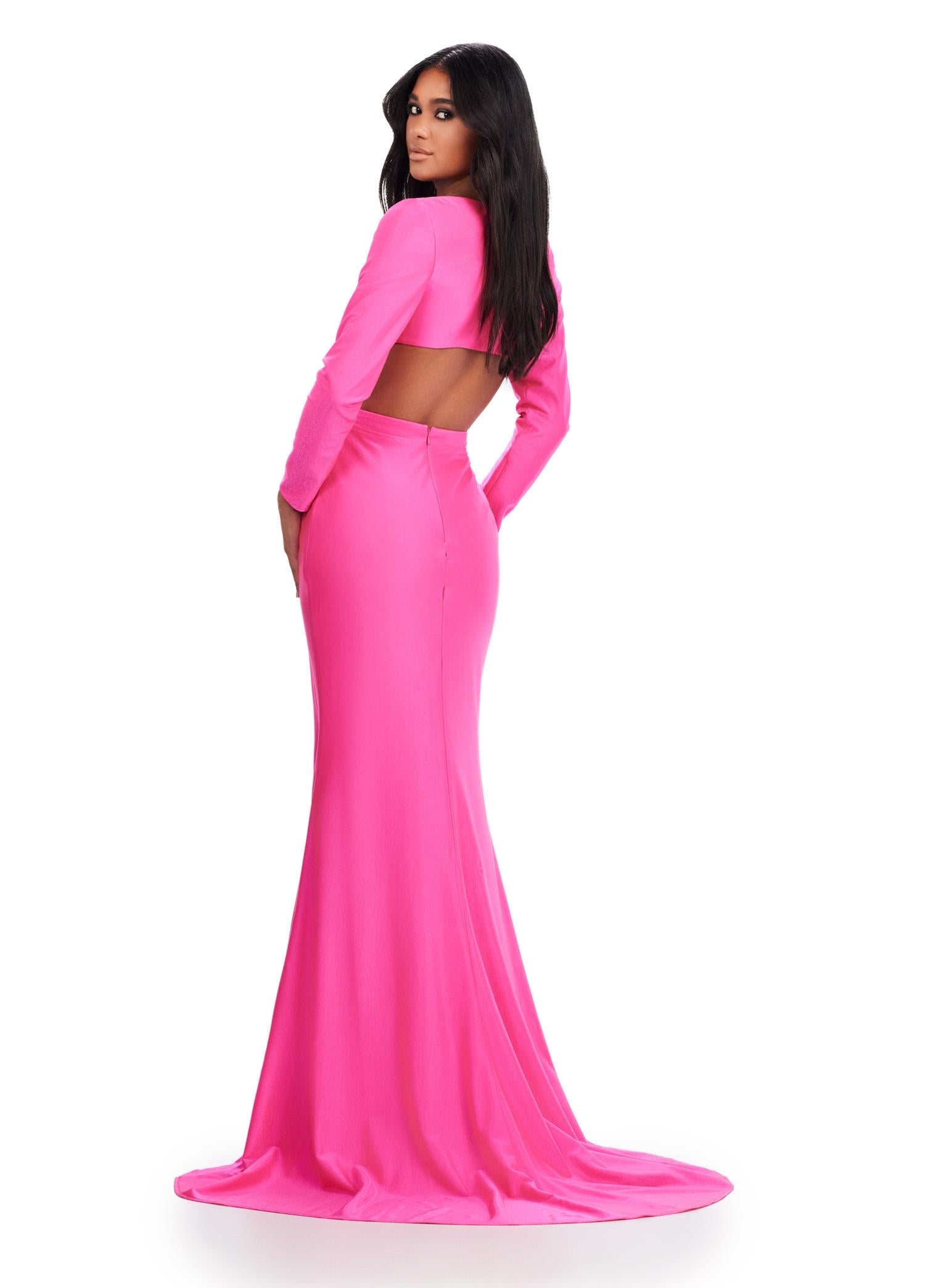 Back. Hot Pink ASHLEYlauren 11607 Unique Jersey Gown with V-Neckline, Long Sleeves, Crisscross Cut Out Wrap Bustier, Draped Fitted Skirt, and Left Leg Slit