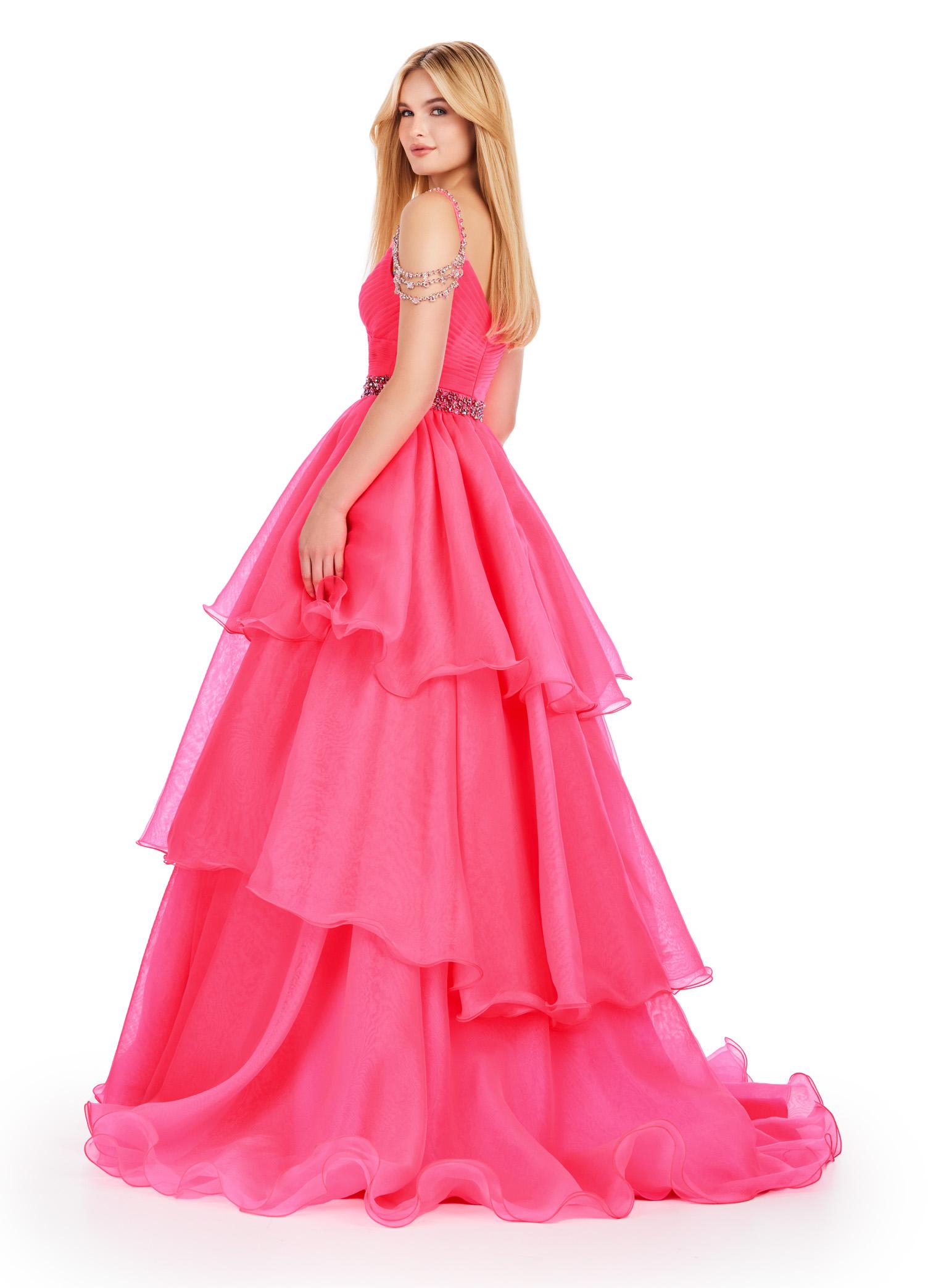 Back. Hot Pink Jade ASHLEYlauren 11561 Organza Ball Gown with Sweetheart Neckline, Beaded Off Shoulder Straps, Beaded Waistband, and Tiered Organza Skirt