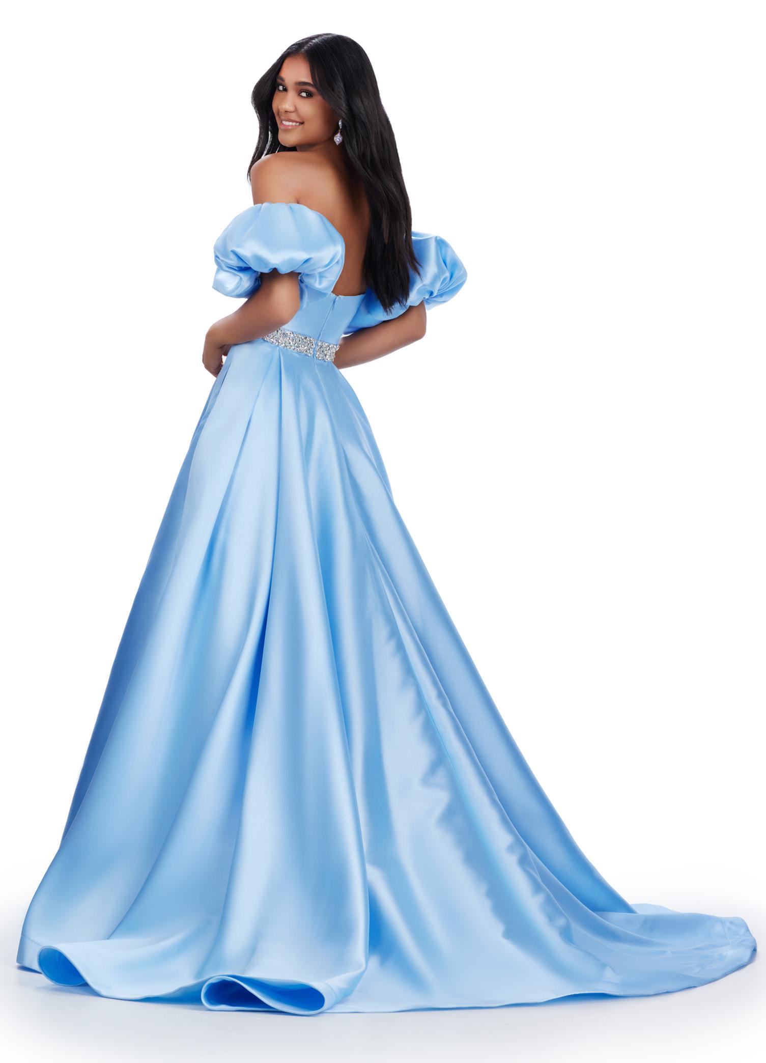Back. Ice Blue ASHLEYlauren 11543 classic Mikado ball gown featuring a strapless neckline, detachable off shoulder puff sleeves, beaded waistband, and a full ball gown skirt for an elegant and versatile look.