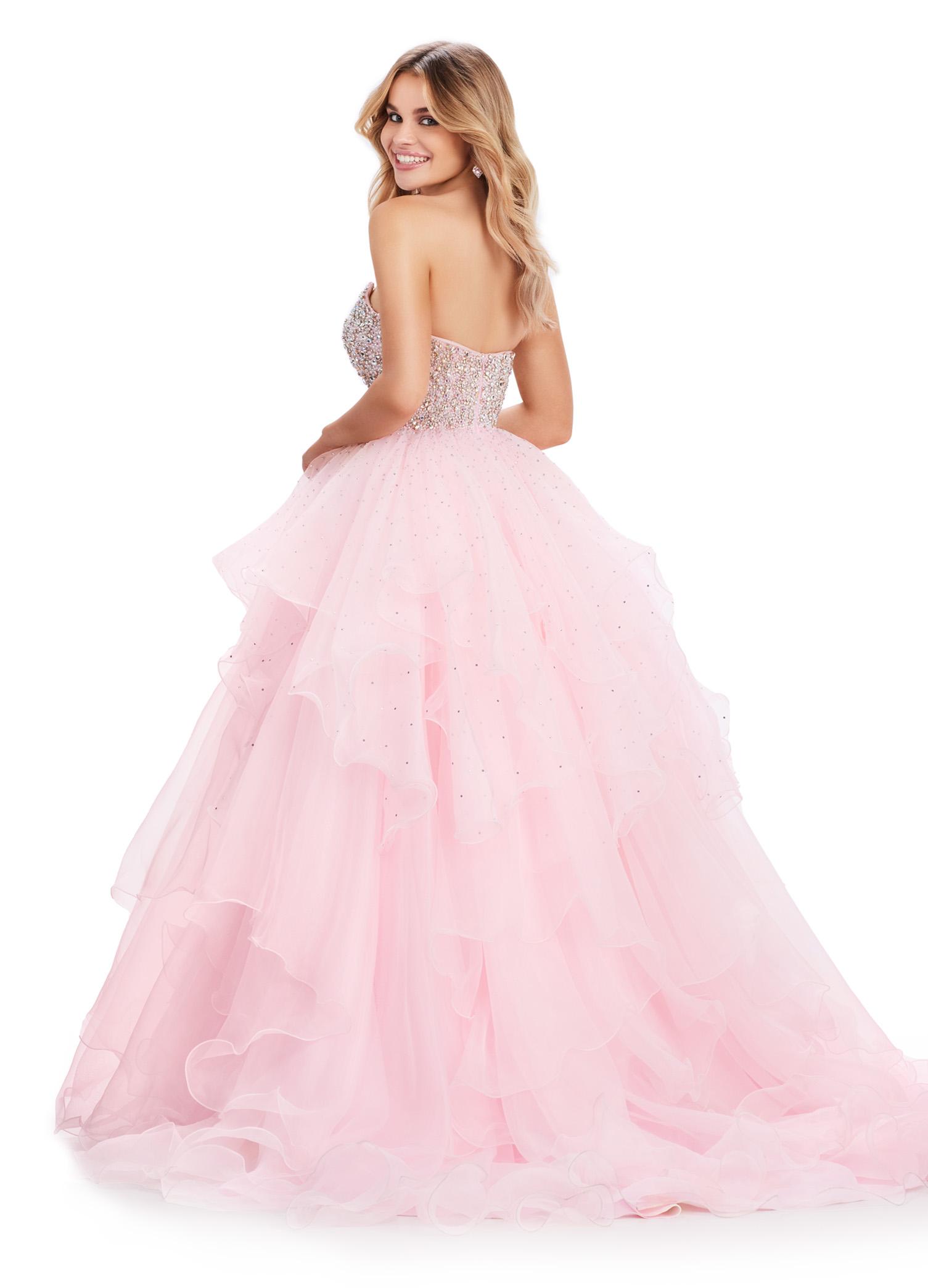 Back. Ice Pink ASHLEYlauren 11545 Strapless Organza Ball Gown with Beaded Bustier, Ruffled Organza Skirt, and Handkerchief Hem