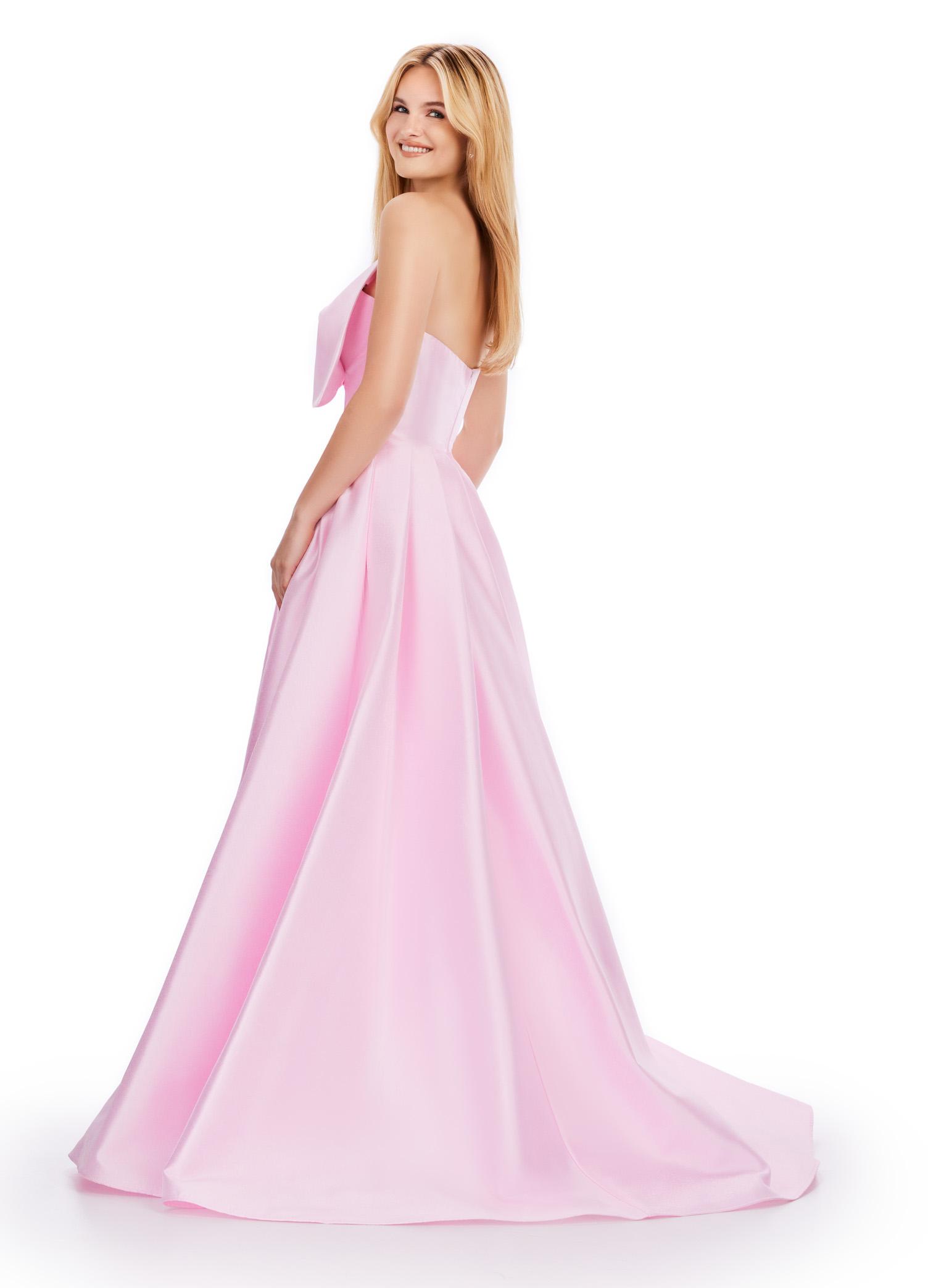 Back. Ice Pink ASHLEYlauren 11609 Strapless Mikado Ball Gown with Illusion V-Neckline, Oversized Asymmetrical Bow, and A-Line Wrap Skirt
