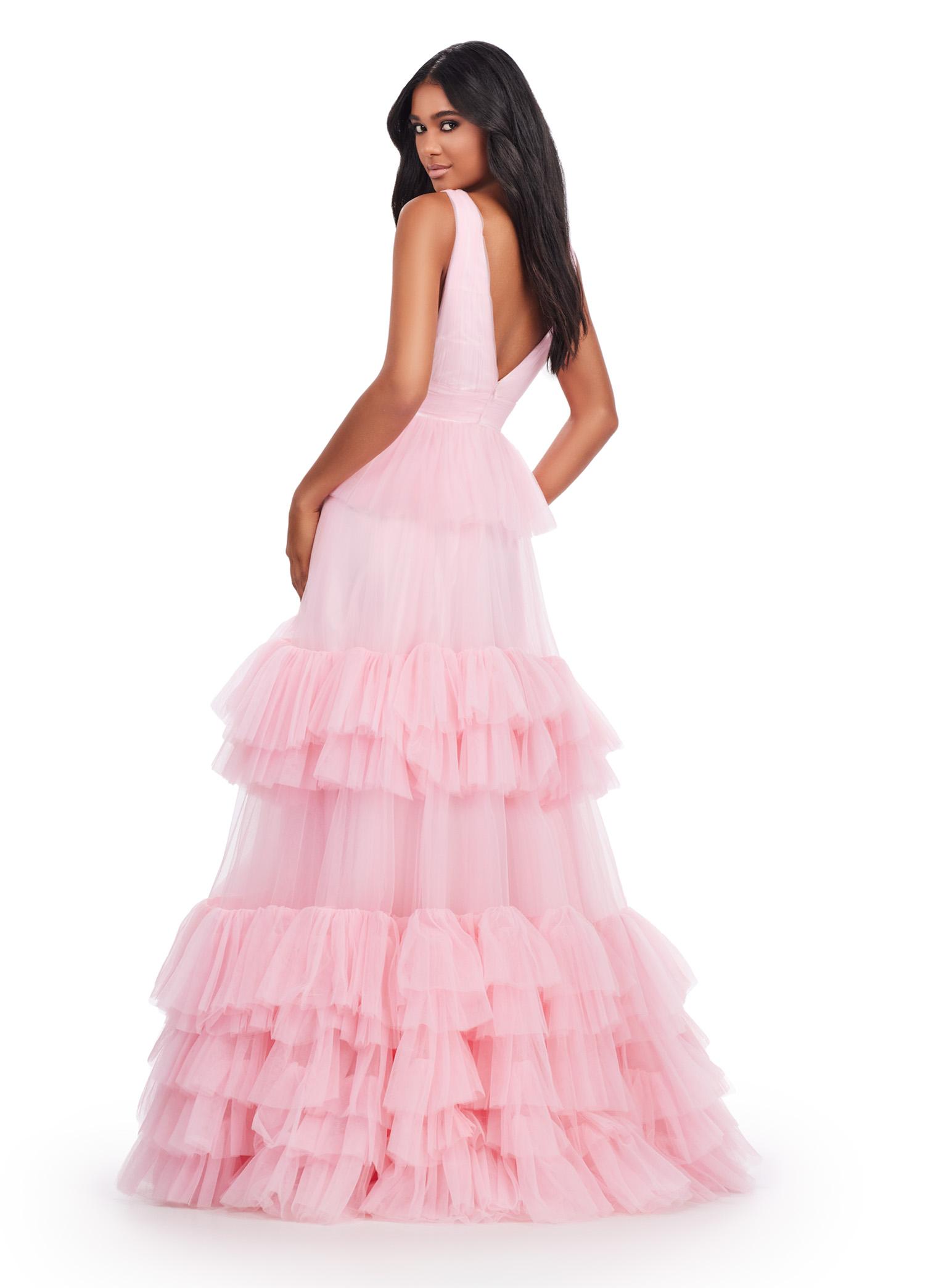 Back. Ice Pink ASHLEYlauren 11620 Tulle Ball Gown with V-Neckline Bustier, V-Back, and Multi-Tiered Ruffle Skirt