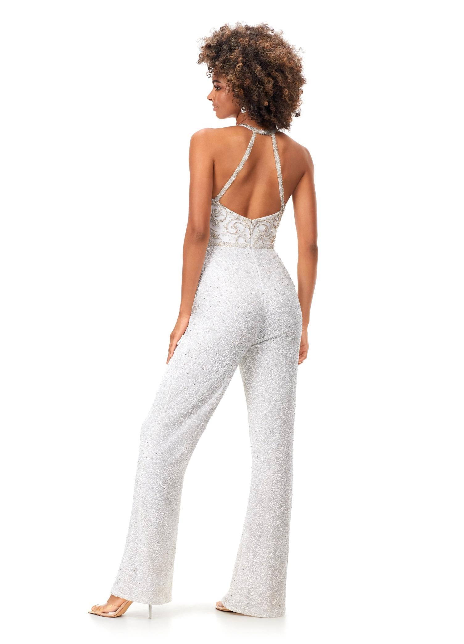 ASHLEYlauren 11339 Halter Beaded Wide Leg Jumpsuit