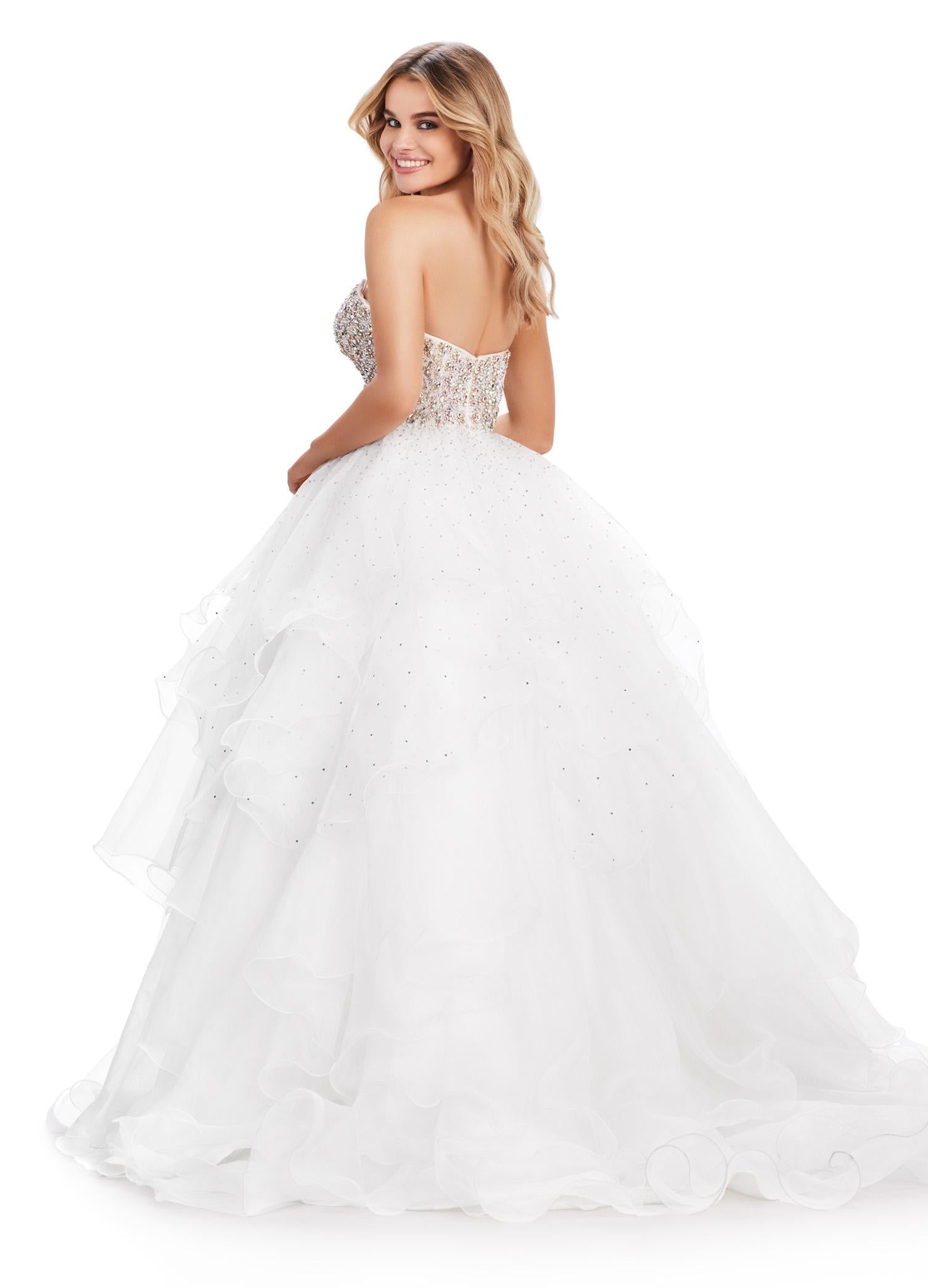 Back. Ivory ASHLEYlauren 11545 Strapless Organza Ball Gown with Beaded Bustier, Ruffled Organza Skirt, and Handkerchief Hem