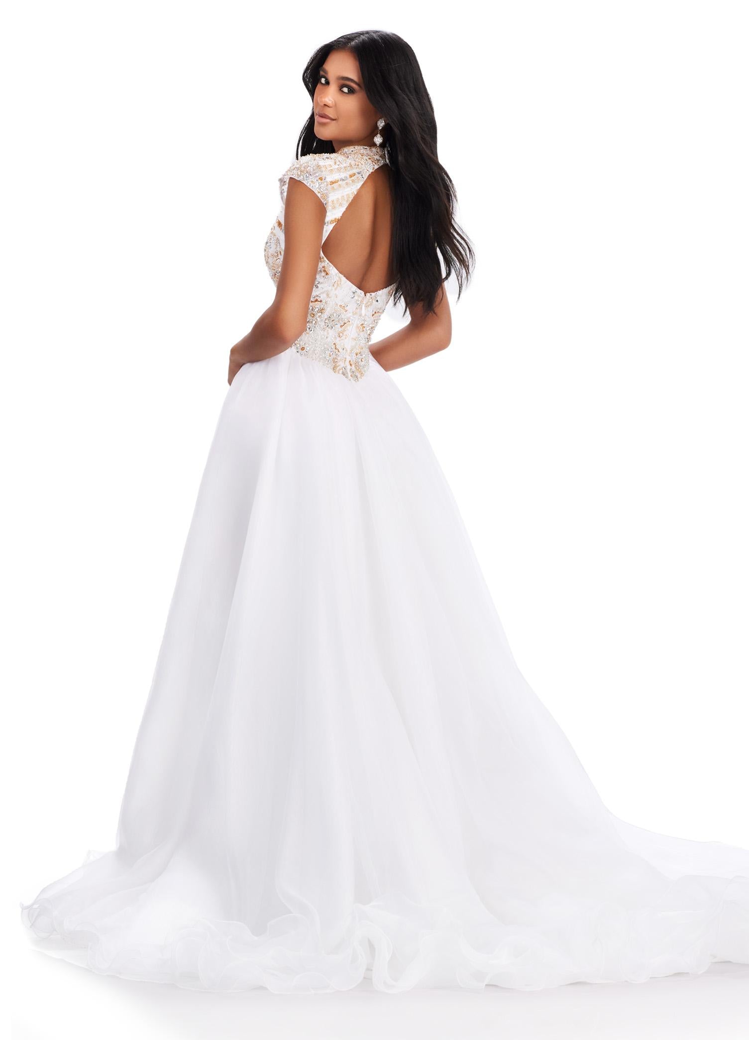 Back. Ivory ASHLEYlauren 11548 High Neck Beaded Bustier Ball Gown with Cap Sleeves, Open Back, and Organza Skirt