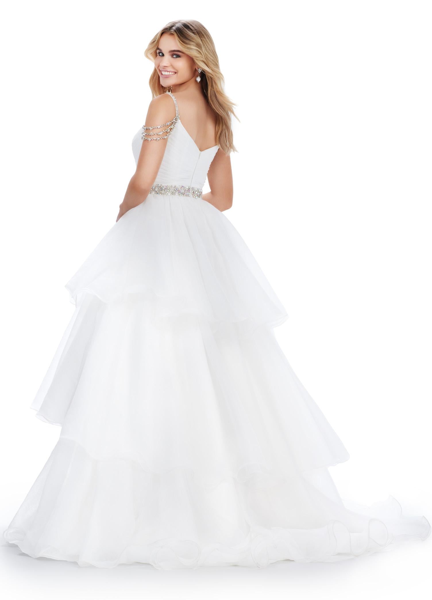 Back. Ivory ASHLEYlauren 11561 Organza Ball Gown with Sweetheart Neckline, Beaded Off Shoulder Straps, Beaded Waistband, and Tiered Organza Skirt