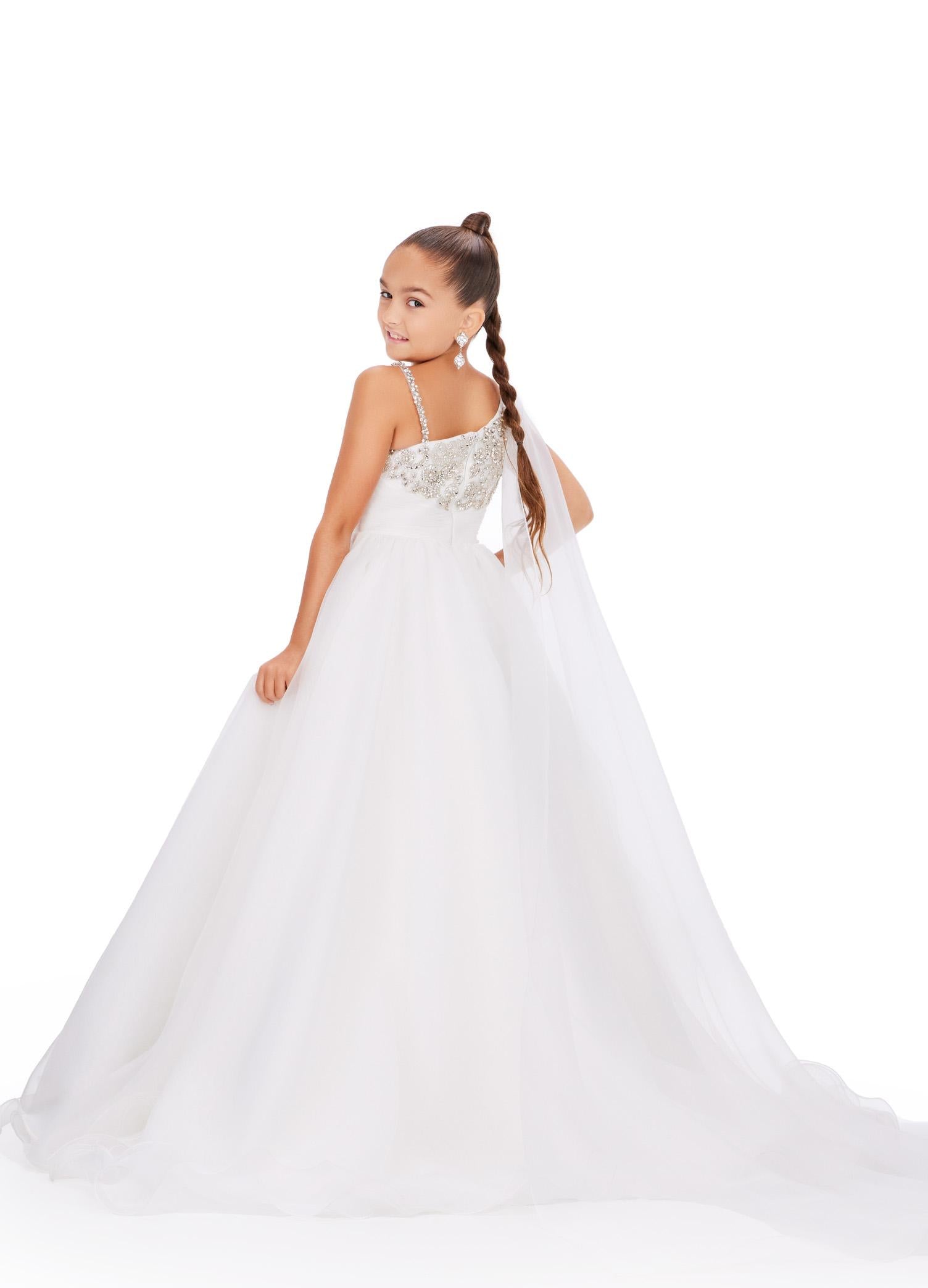 Back. Ivory ASHLEYlauren Kids 8212 One Shoulder Organza Ball Gown with Beaded Bodice and Cape