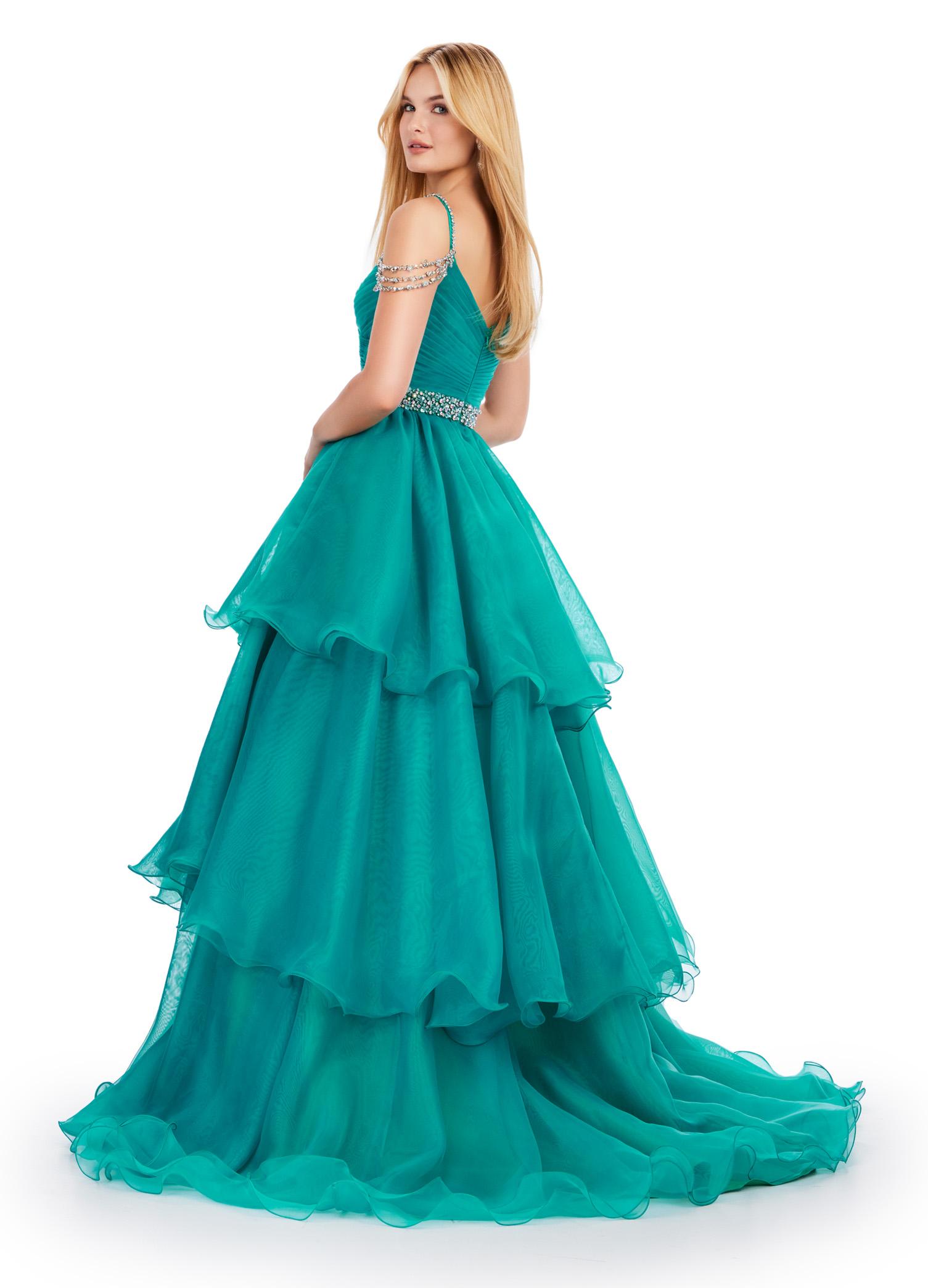 Back. Jade ASHLEYlauren 11561 Organza Ball Gown with Sweetheart Neckline, Beaded Off Shoulder Straps, Beaded Waistband, and Tiered Organza Skirt