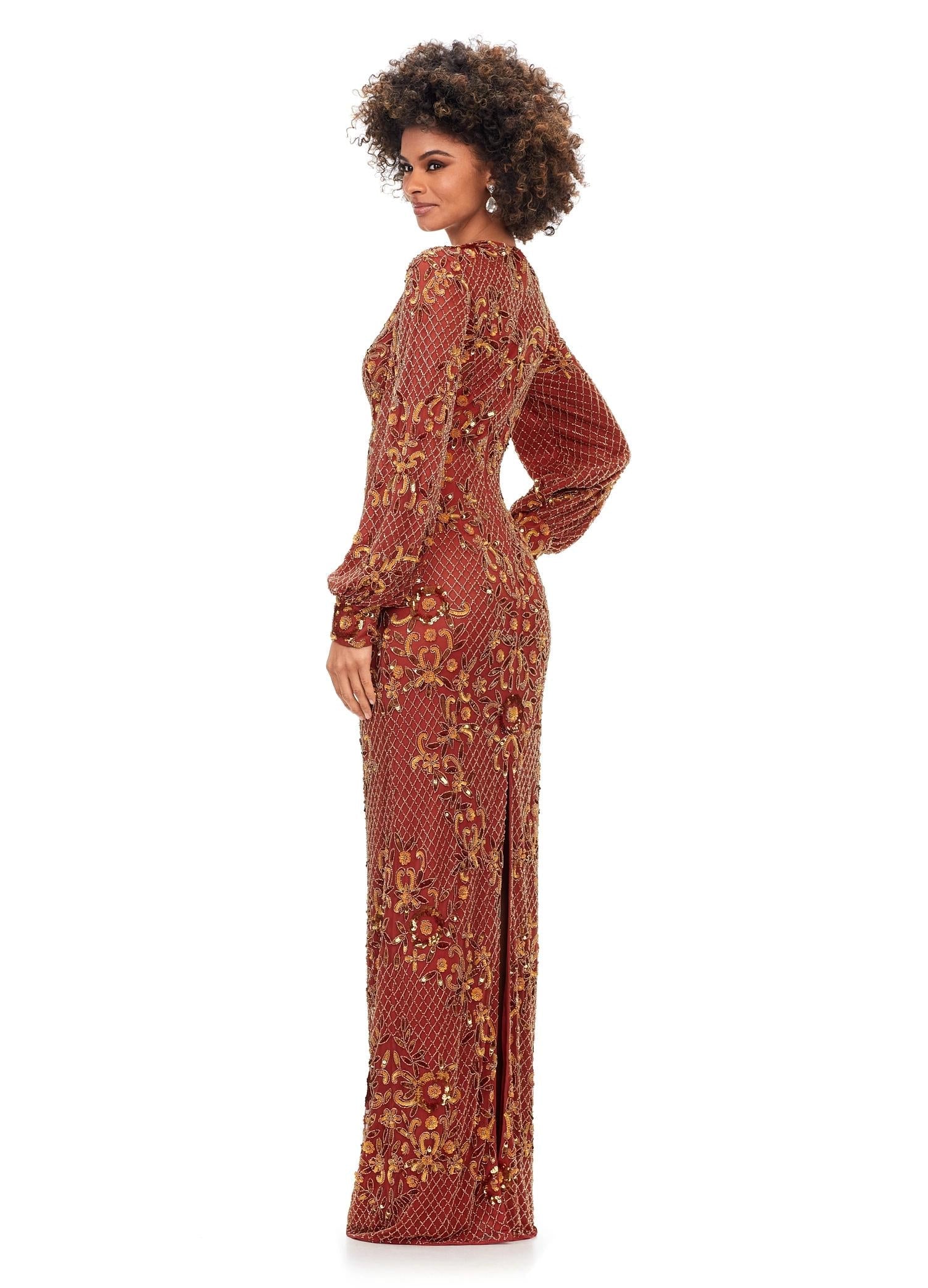 Back. Light Amber ASHLEYlauren 11193 Ultra Chic Fully Sequin Gown with Ornate Beading, V-Neckline, Bishop Sleeves, High Zip Back, and Center Back Vent Slit