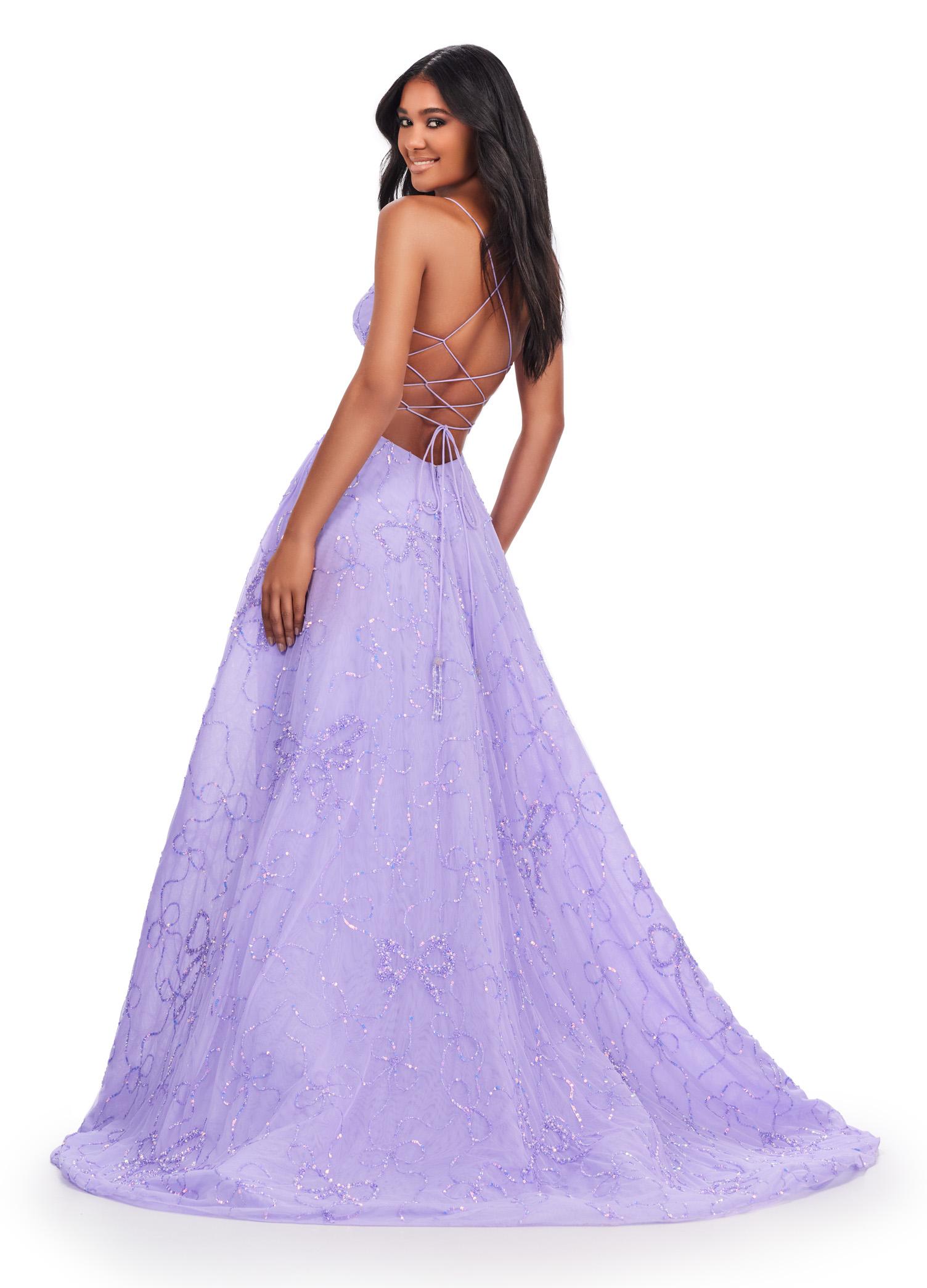 Back. Lilac ASHLEYlauren 11658 Fully Beaded A-Line Tulle Gown with Sweetheart Neckline, Intricate Bow Accents, and Lace Up Back