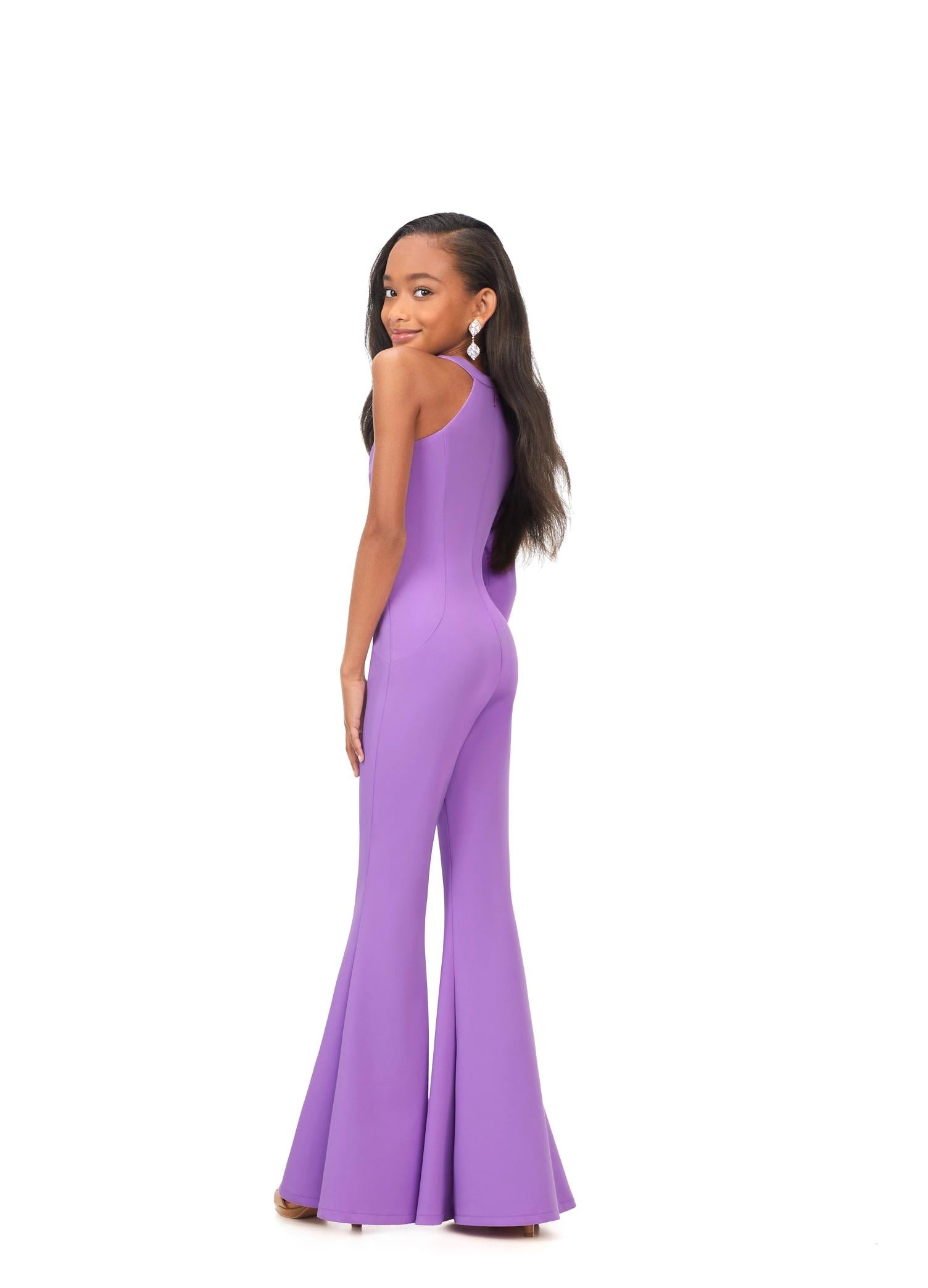 Back. Lilac ASHLEYlauren Kids 8159 chic scuba jumpsuit featuring a crew neckline, one long sleeve design, and flare pants for a modern and stylish look, perfect for any special occasion.