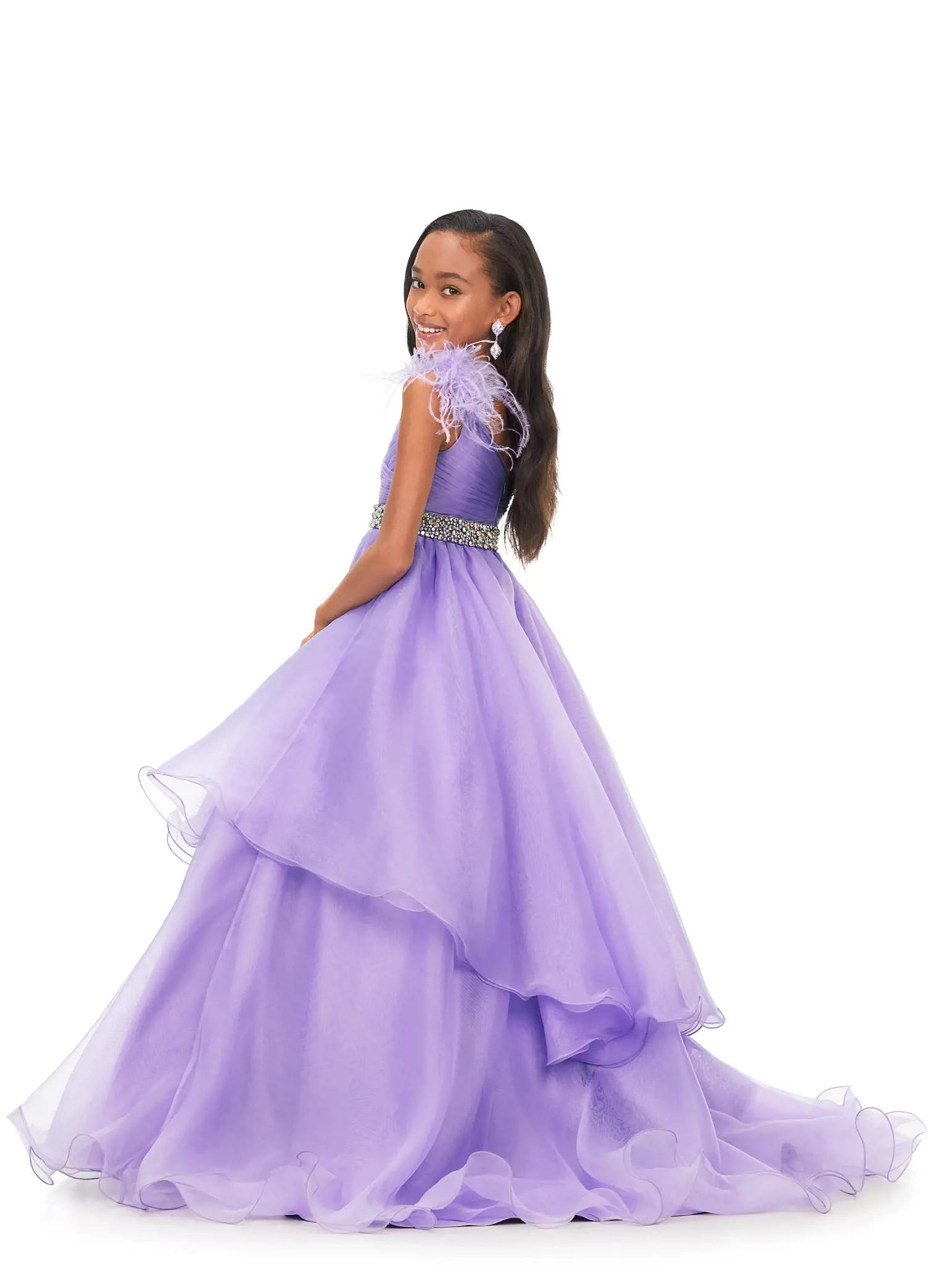 Back. Lilac ASHLEYlauren Kids 8184 Organza Ball Gown with Feather Shoulders and Crystal Waistline