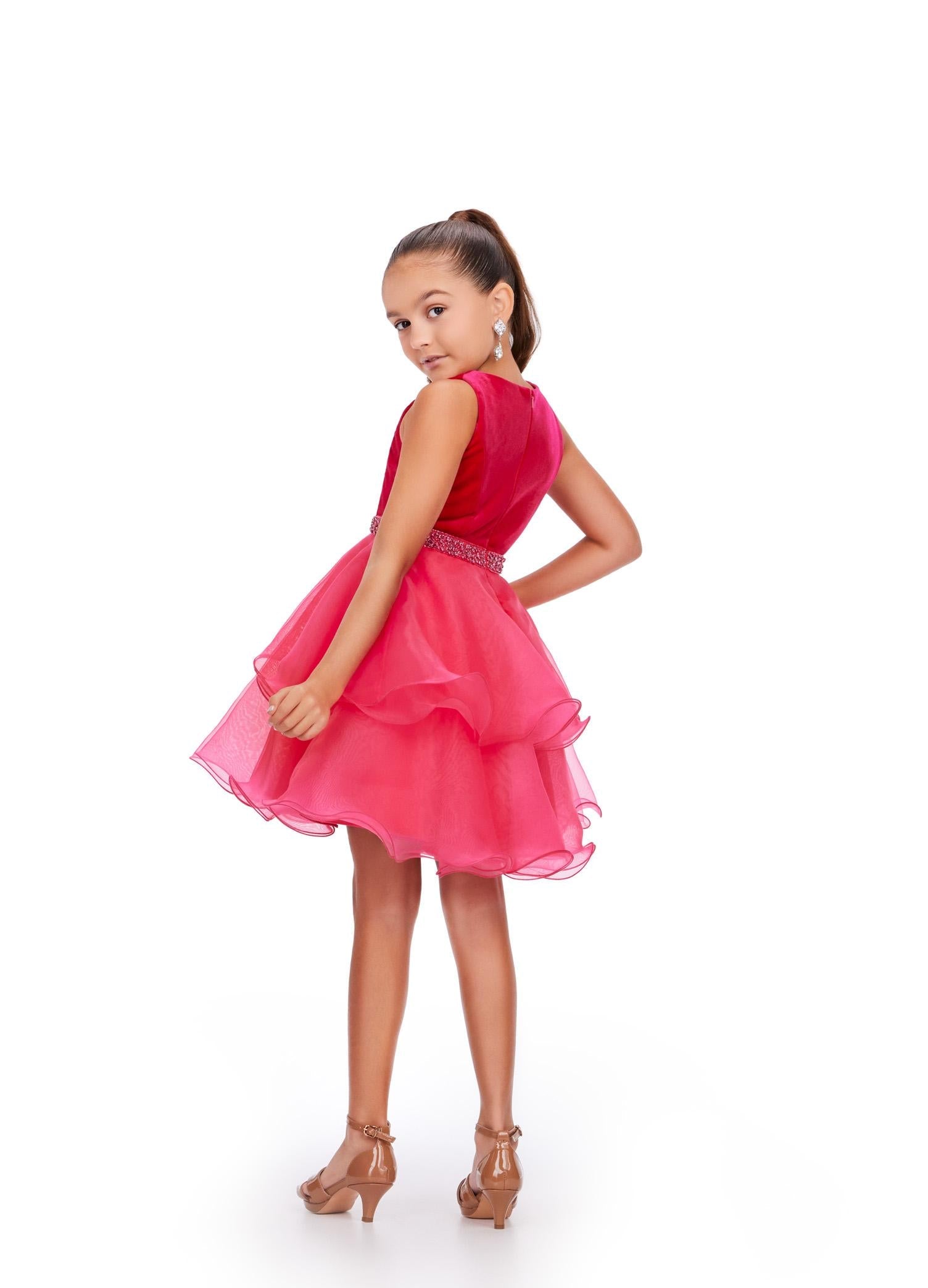 Back. Magenta ASHLEYlauren Kids 8216 Velvet and Organza Cocktail Dress with Beaded Waistband