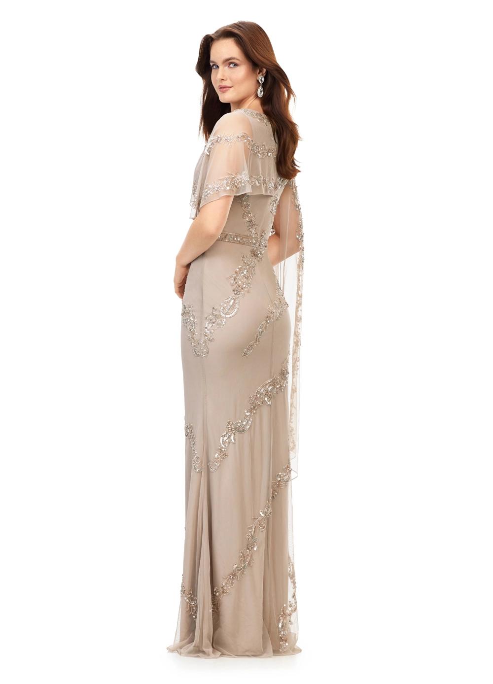 Back. Marble ASHLEYlauren 11213 Elegant Hand Beaded Gown with Crew Neckline, Intricate Bead Motif, Asymmetrical Overlay Detail, and High Back