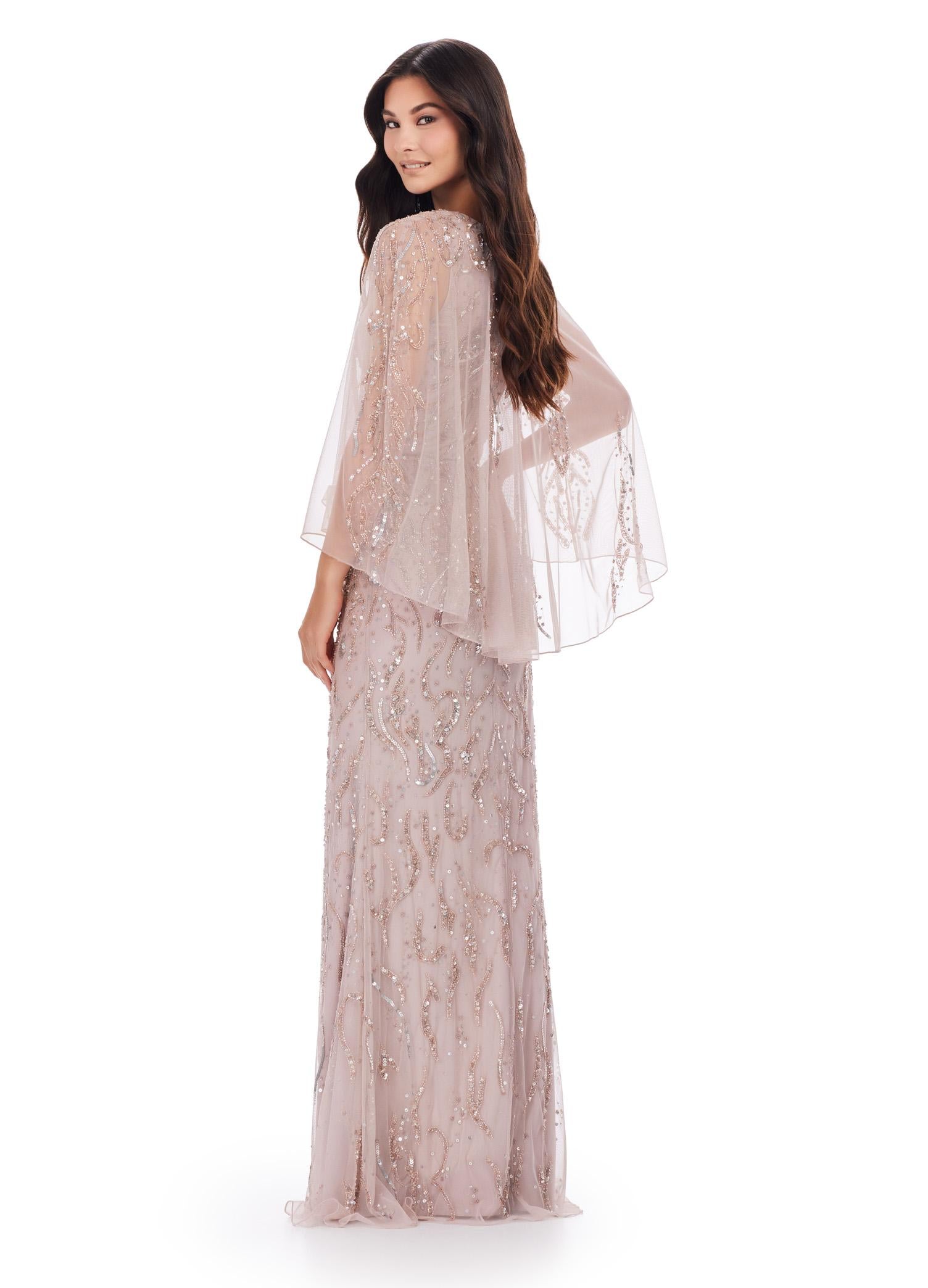 Back. Marble ASHLEYlauren 11214 Timeless Hand Beaded Gown with Crew Neckline, Sparkling Sequin Motif, Sheer Overlay, and High Back for an Elegant Look
