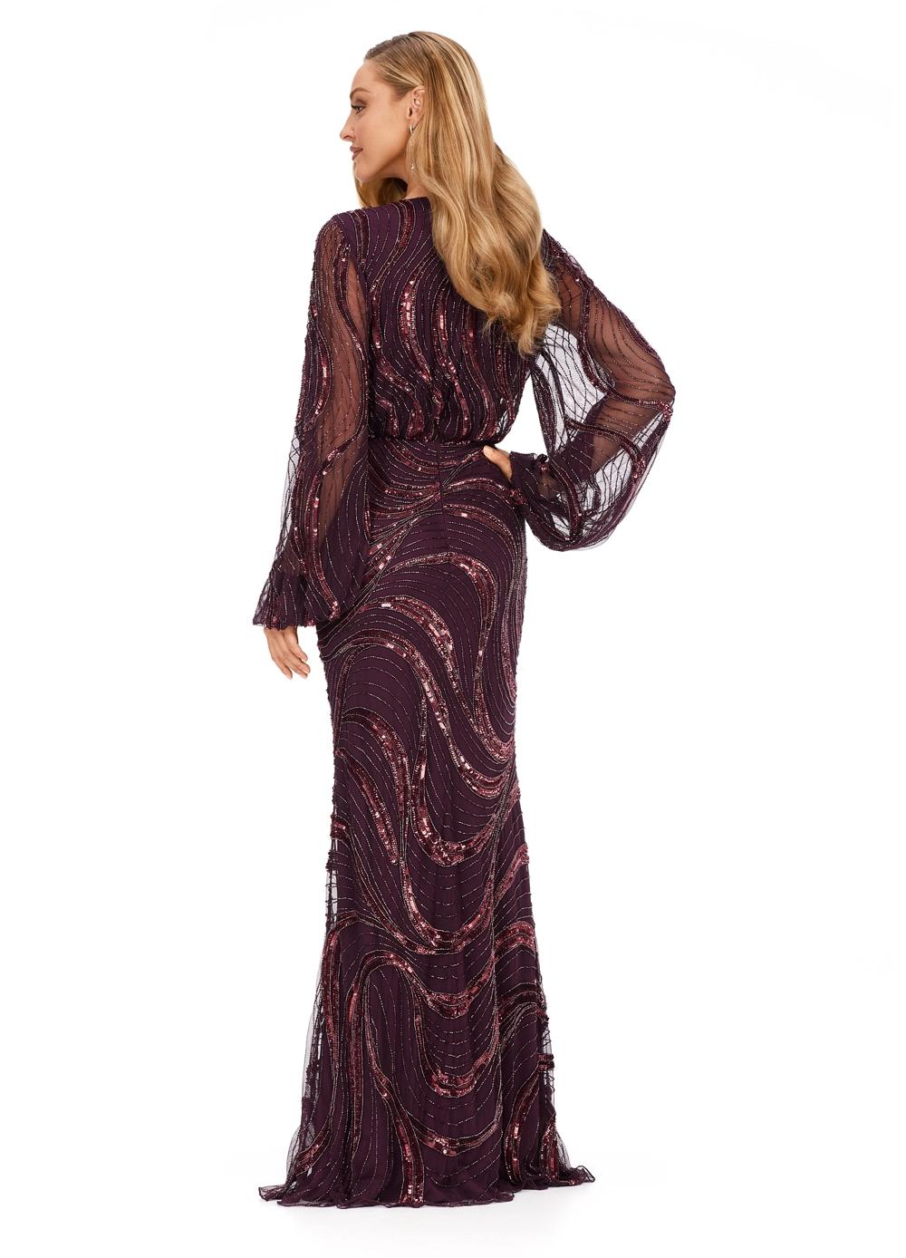 Back. Merlot ASHLEYlauren 11210 Modern Hand Beaded Gown with V-Neckline, Flowing Balloon Sleeves, Intricate Bead Motif, and High Back