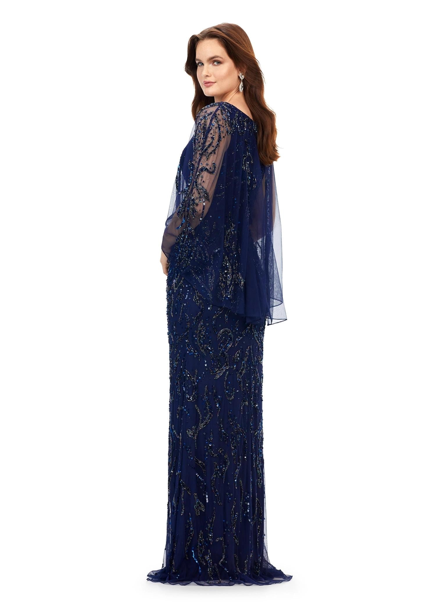 Back. Navy ASHLEYlauren 11214 Timeless Hand Beaded Gown with Crew Neckline, Sparkling Sequin Motif, Sheer Overlay, and High Back for an Elegant Look