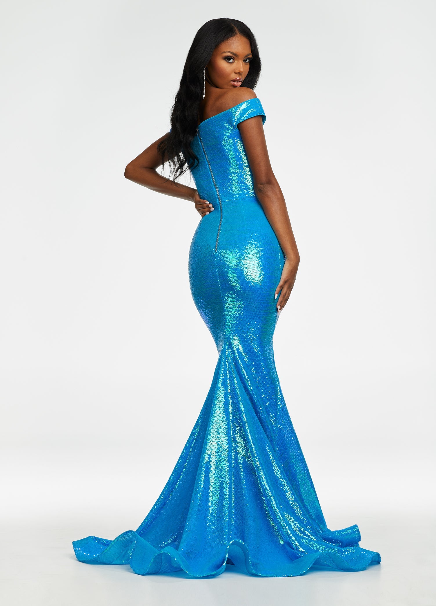 Back. Neon Blue ASHLEYlauren 11109 Off-Shoulder Sequin Gown with Sweetheart Neckline, Full Zipper Back, Mermaid Silhouette, and Horsehair Hem
