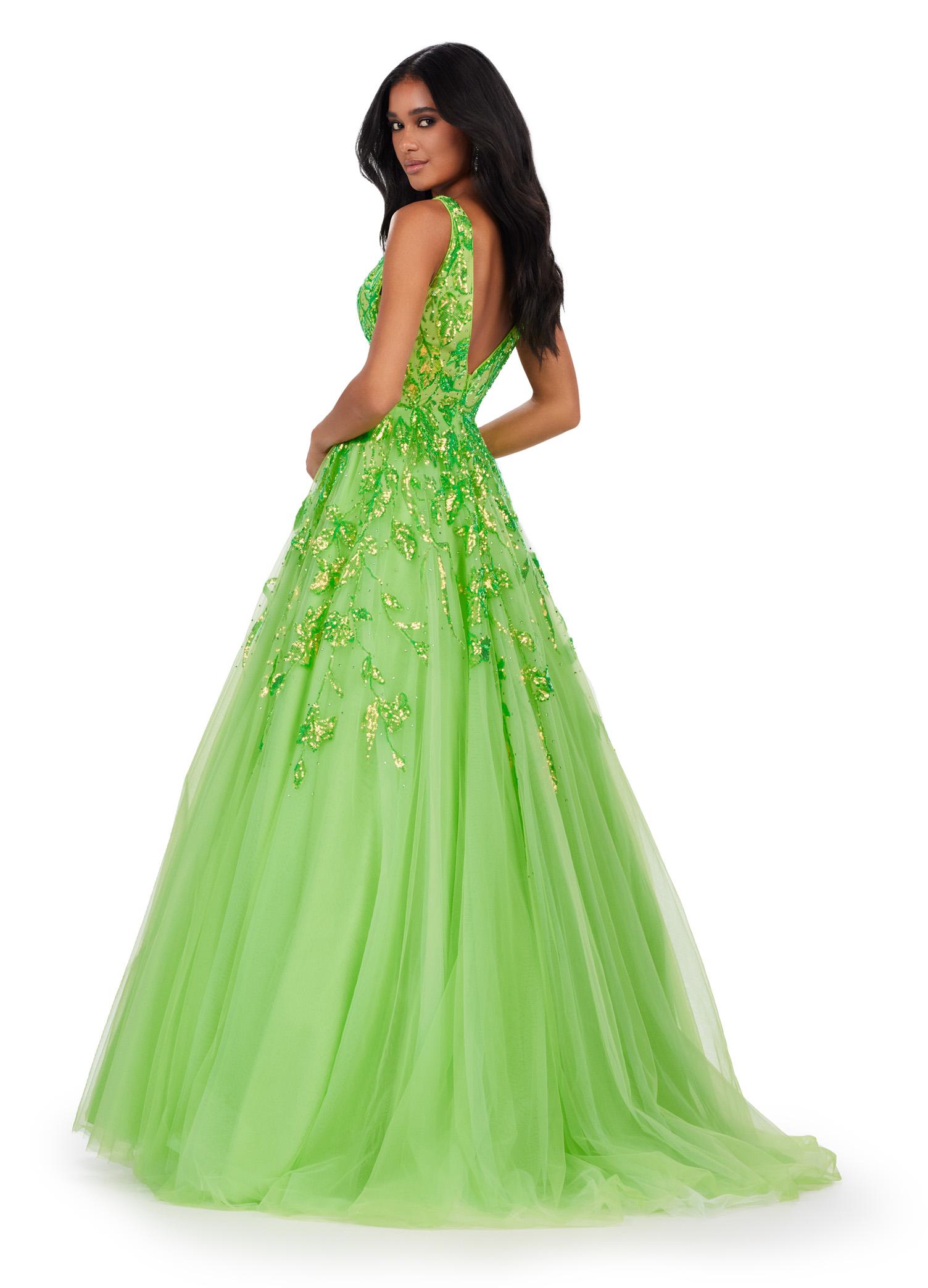 Back. Neon Green ASHLEYlauren 11470 Tulle Ball Gown with V-Neckline, V-Back, Sequin Appliqué Bodice, and Cascading Appliqué Detail on Full Skirt