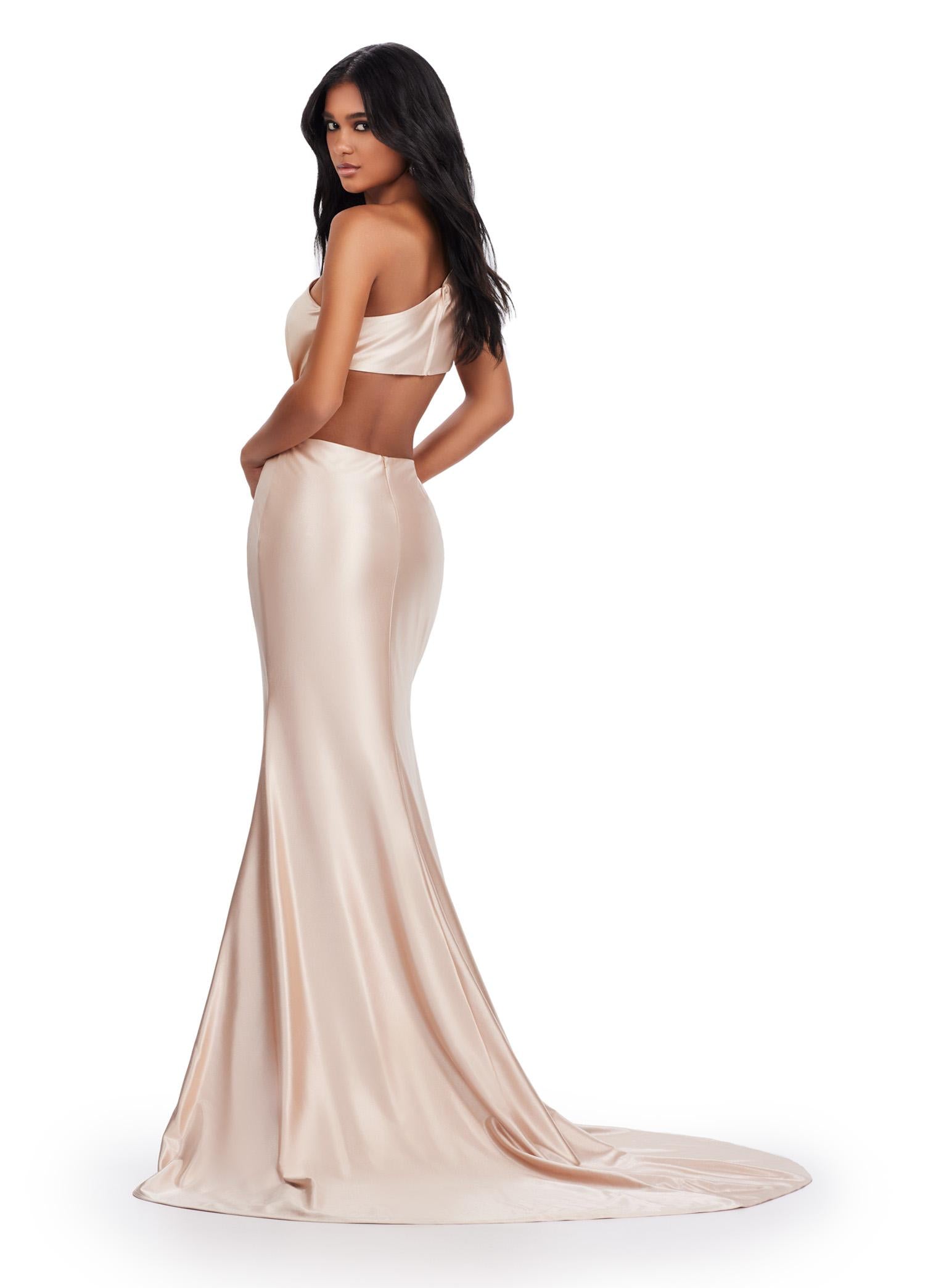 Back. Nude ASHLEYlauren 11577 Elegant One Shoulder Fitted Satin Gown with Draped Bodice, Side Cut Out, and Sparkling Crystal Brooch Accent