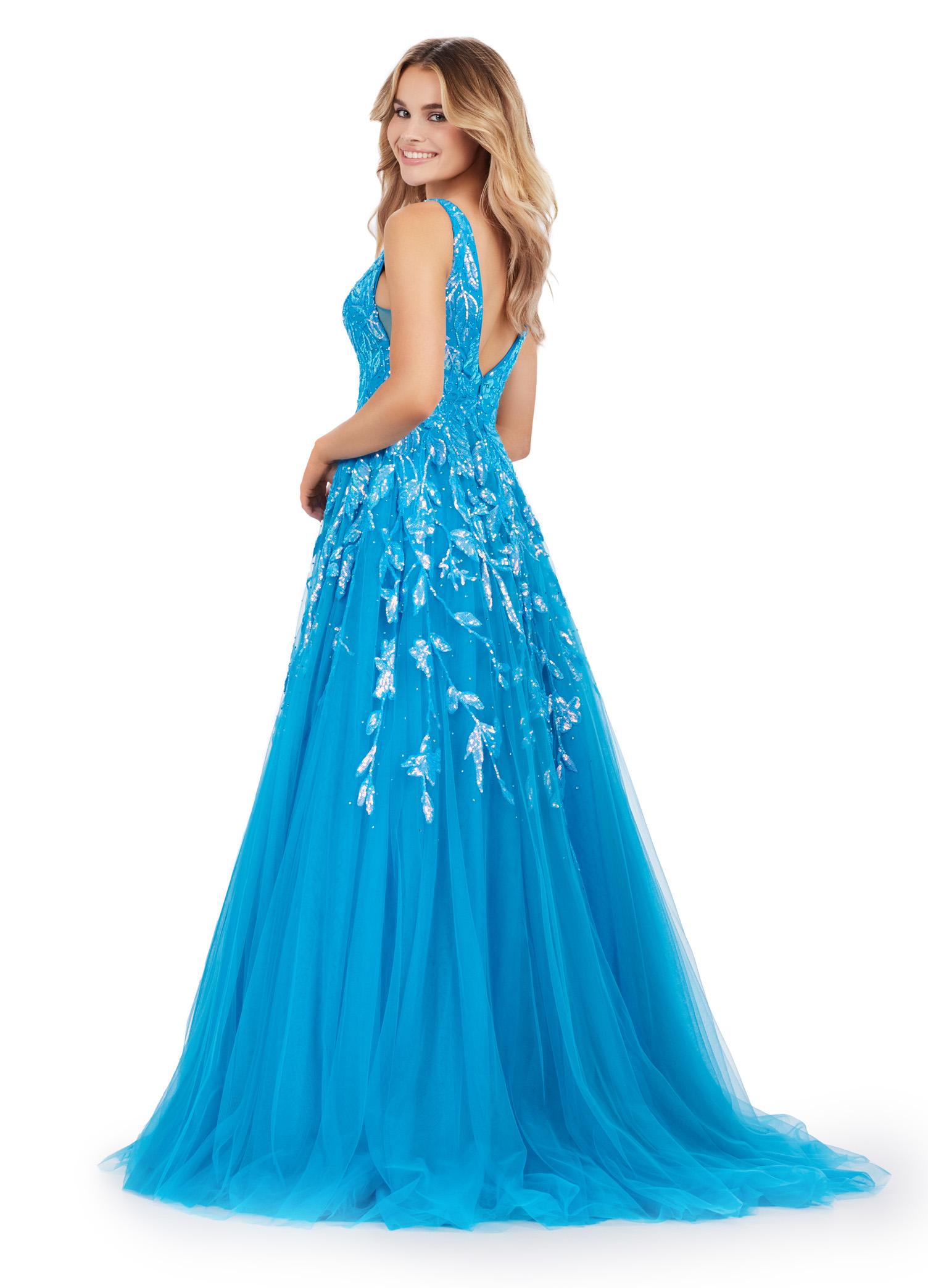 Back. Ocean ASHLEYlauren 11470 Tulle Ball Gown with V-Neckline, V-Back, Sequin Appliqué Bodice, and Cascading Appliqué Detail on Full Skirt