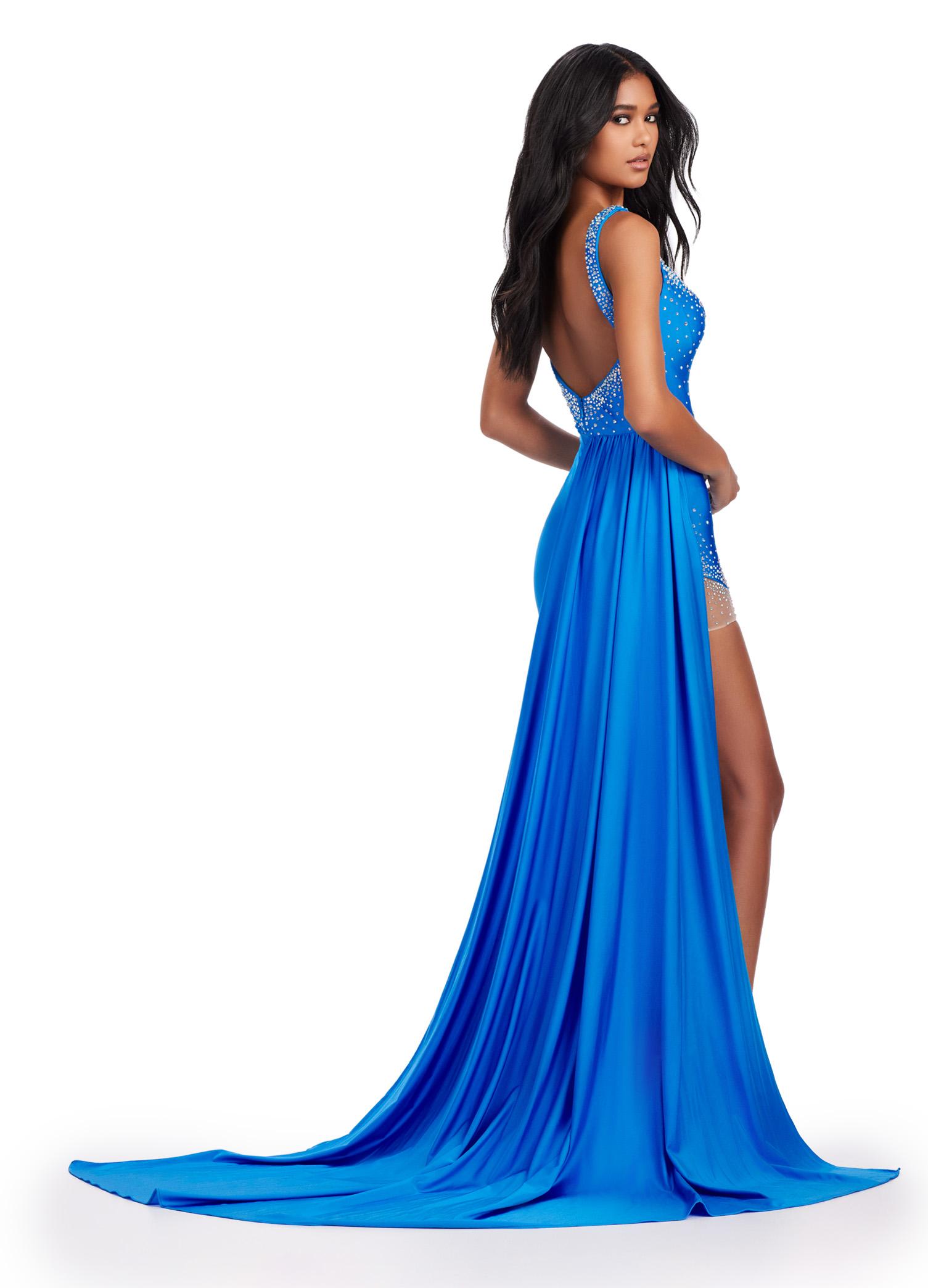 Back. Ocean ASHLEYlauren 11579 Unique Jersey Gown with Illusion V-Neckline, Sparkling Press On Stones, Flowing Side Skirt, and Left Leg Slit