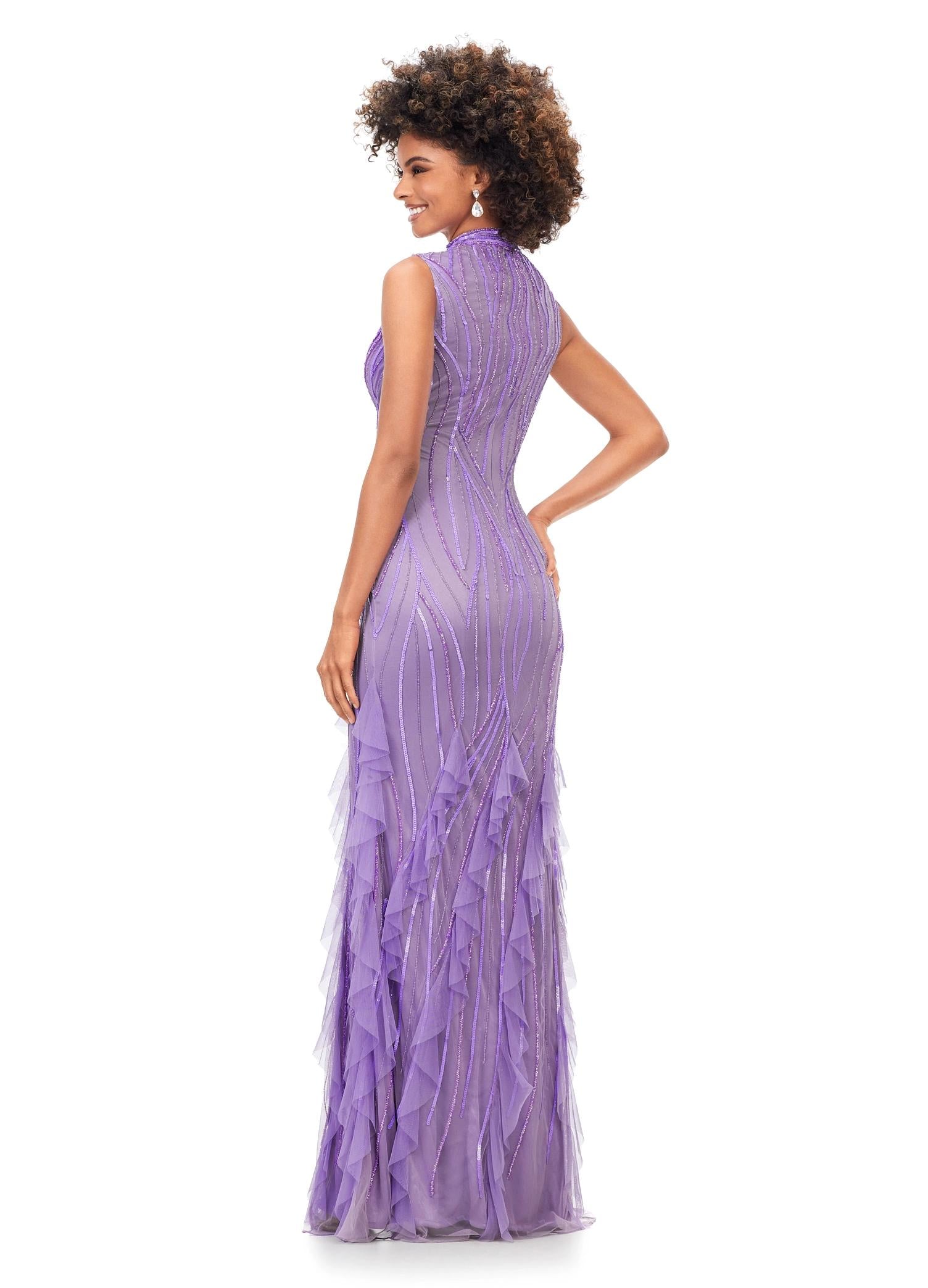 Back. Orchid ASHLEYlauren 11198 Elegant Hand Beaded Gown with High Neckline, Cap Sleeves, Intricate Beading, and Ruffled Skirt Accents